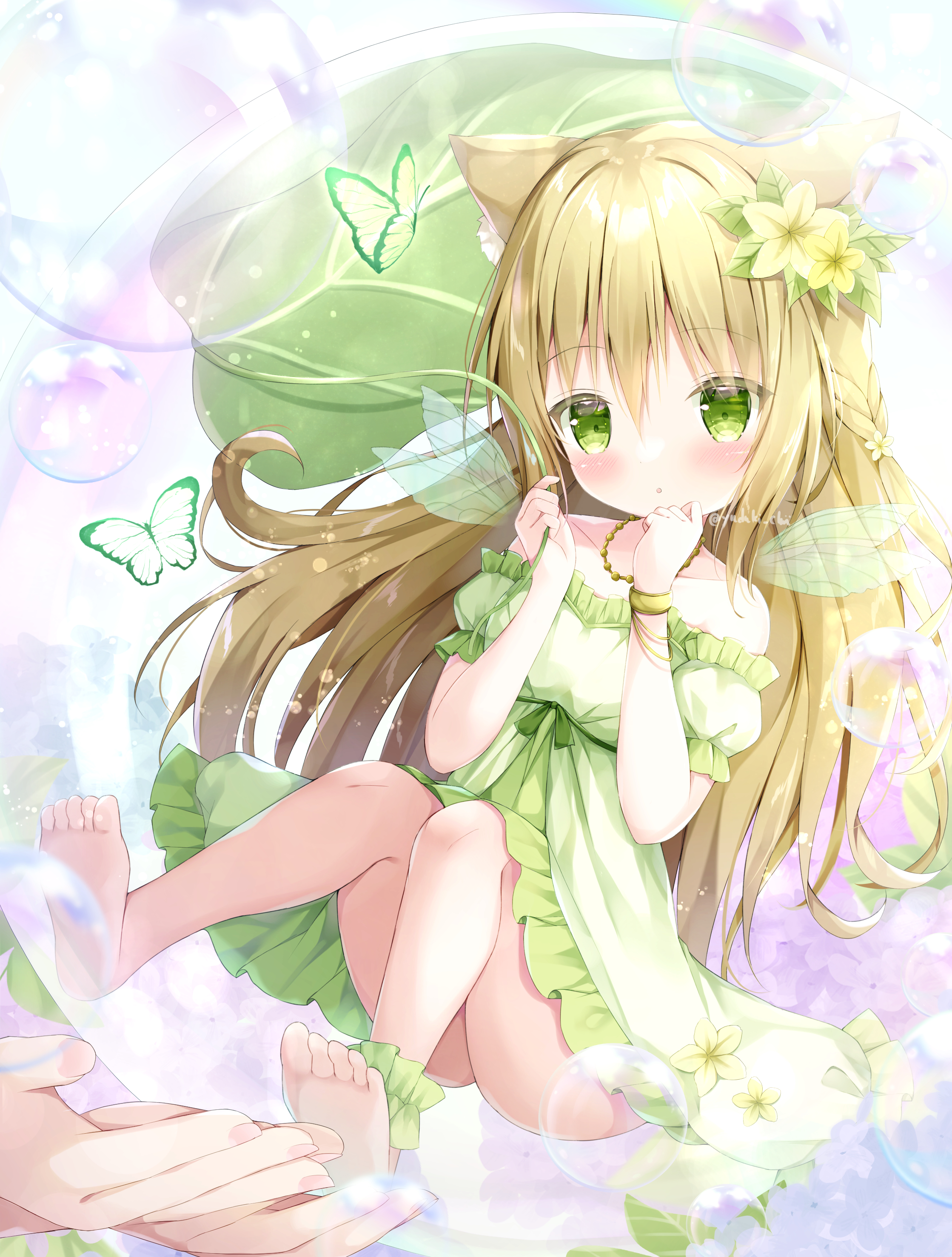 yuduki pdx, original, absurdres, highres, 1girl, animal ear fluff, animal ears, bare shoulders, barefoot, blonde hair, blush, braid, bubble, bug, butterfly, cat ears, detached sleeves, dress, feet, flower, frilled dress, frills, green dress, green eyes, hair flower, hair ornament, insect, jewelry, long hair, mini person, off shoulder, parted lips, puffy short sleeves, puffy sleeves, short sleeves, soles, solo, strapless, strapless dress, toes, very long hair, wings