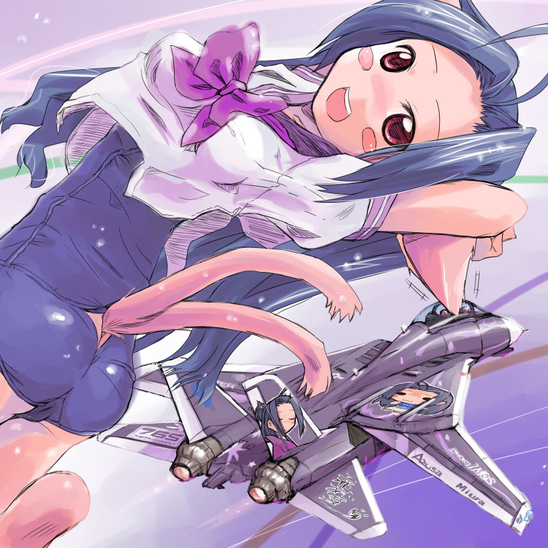 mtr, f-14, miura azusa, ace combat, idolmaster, idolmaster (classic), 00s, 1girl, :3, ahoge, aircraft, airplane, animal ears, ass, blue hair, blush stickers, cat ears, cat tail, company connection, female focus, fighter jet, itasha, long hair, military, military vehicle, multiple tails, solo, tail