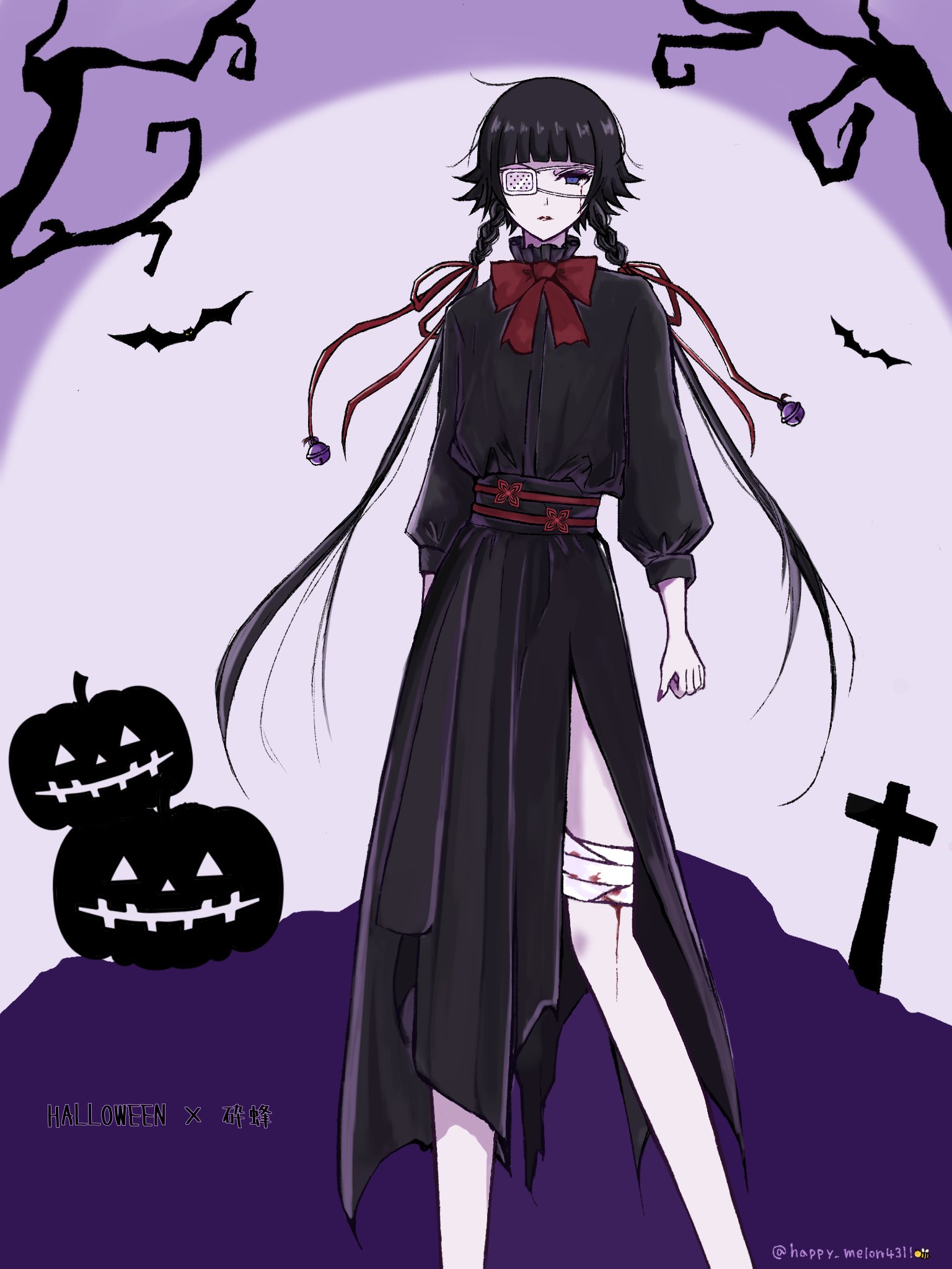 happy melon4311, sui-feng, bleach, highres, 1girl, artist name, bat (animal), black dress, black hair, blood, breasts, dress, eyepatch, hair ornament, halloween, halloween costume, looking at viewer, medium hair, moon, pumpkin, red ribbon, ribbon, small breasts, standing, twitter username