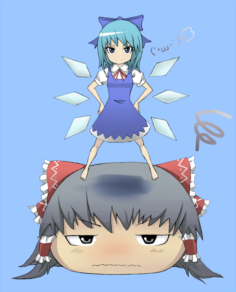 hagiwara, cirno, hakurei reimu, touhou, 1girl, barefoot, black hair, blue eyes, blue hair, female focus, hands on own hips, matching hair/eyes, ribbon, short hair, solo, squiggle, standing, wings, yukkuri shiteitte ne