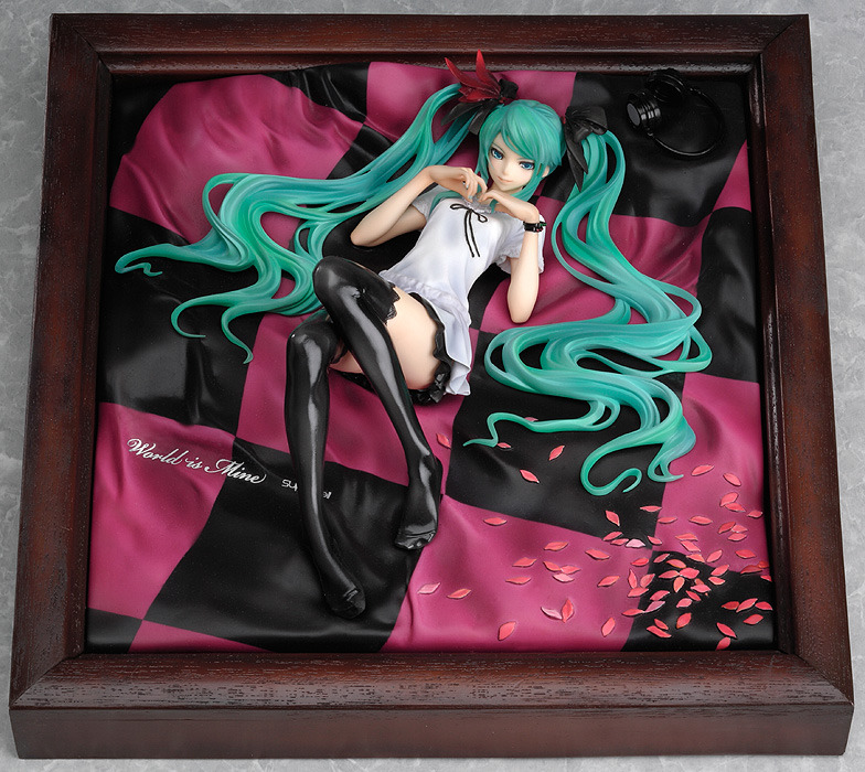 hatsune miku, vocaloid, world is mine (vocaloid), photo (medium), aqua eyes, aqua hair, figure, figure (medium), hair ribbon, headphones, lying, on back, ribbon, skirt, solo, thighhighs, twintails