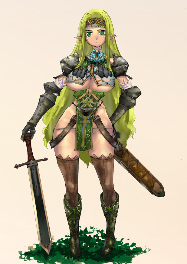amagi michihito, lace-trimmed legwear, 1girl, armor, boots, breasts, couter, cross, cross moline, elf, female focus, green hair, hand on own hip, hip focus, lace, lace trim, large breasts, long hair, pelvic curtain, pointy ears, scabbard, sheath, solo, sword, thighhighs, underboob, weapon, wide hips