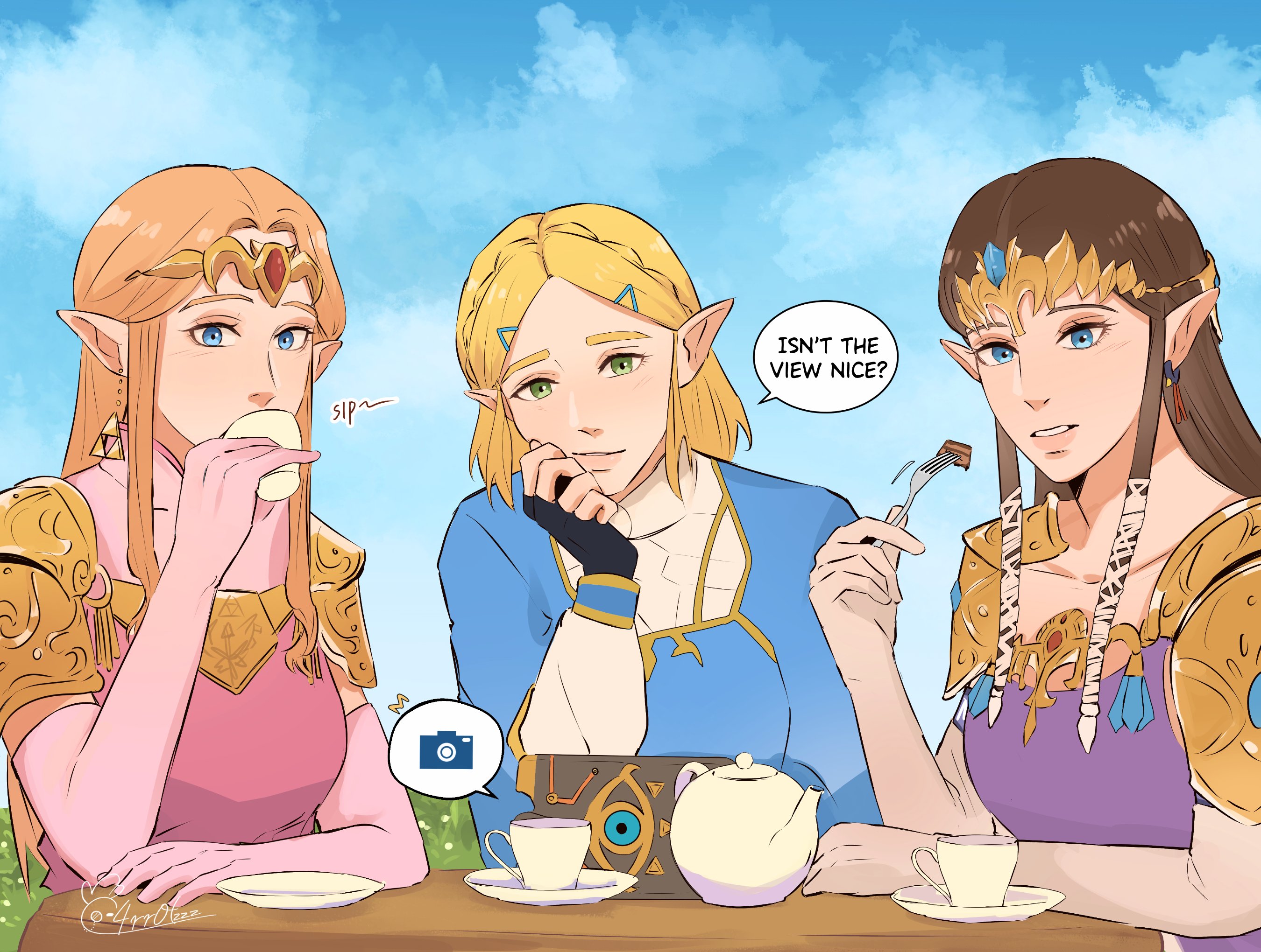 princess zelda, nintendo, the legend of zelda, the legend of zelda: breath of the wild, the legend of zelda: ocarina of time, the legend of zelda: twilight princess, highres, 3girls, armor, black gloves, blonde hair, blue eyes, blue gemstone, blue shirt, blue sky, braid, breasts, brown hair, c4rr0tzzz, cloud, cloudy sky, crown braid, cup, dress, drinking, earrings, eating, elbow gloves, english text, fingerless gloves, fork, gem, gloves, gold armor, gold earrings, gold trim, green eyes, grey gloves, hair ornament, hair ribbon, hairclip, hand on own chin, holding, holding cup, holding fork, jewelry, light blush, long hair, looking at viewer, medium breasts, multiple girls, parted bangs, parted lips, pink dress, pink gloves, pointy ears, purple dress, ribbon, shirt, short hair, shoulder armor, sidelocks, sky, teacup, teapot, tiara, triforce, twitter username, upper body, white ribbon
