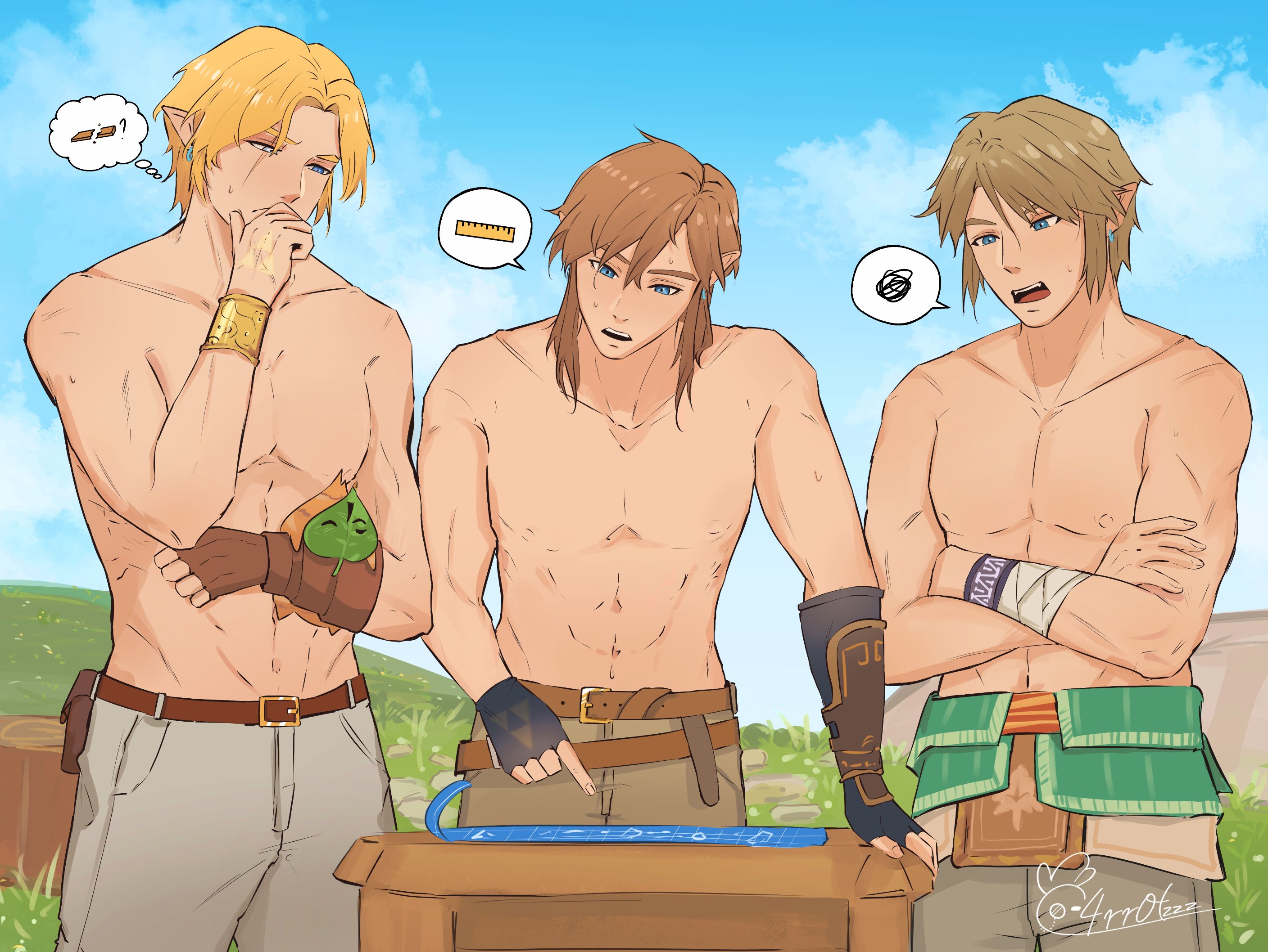 korok, nintendo, the legend of zelda, the legend of zelda: breath of the wild, the legend of zelda: ocarina of time, the legend of zelda: twilight princess, highres, 3boys, bandaged arm, bandages, black gloves, blue eyes, blue sky, brown gloves, brown pants, c4rr0tzzz, cloud, cloudy sky, cowboy shot, creature, crossed arms, fingerless gloves, furrowed brow, gloves, grey pants, hair between eyes, hand on own chin, holding, holding creature, image in thought bubble, male focus, medium hair, multiple boys, open mouth, outdoors, pants, parted bangs, pointy ears, ruler, short hair, sidelocks, sky, spoken squiggle, squiggle, sweat, topless male, tree stump, twitter username
