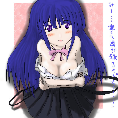 furude rika, higurashi no naku koro ni, lowres, 00s, 1girl, breasts, cleavage, female focus, oekaki, solo