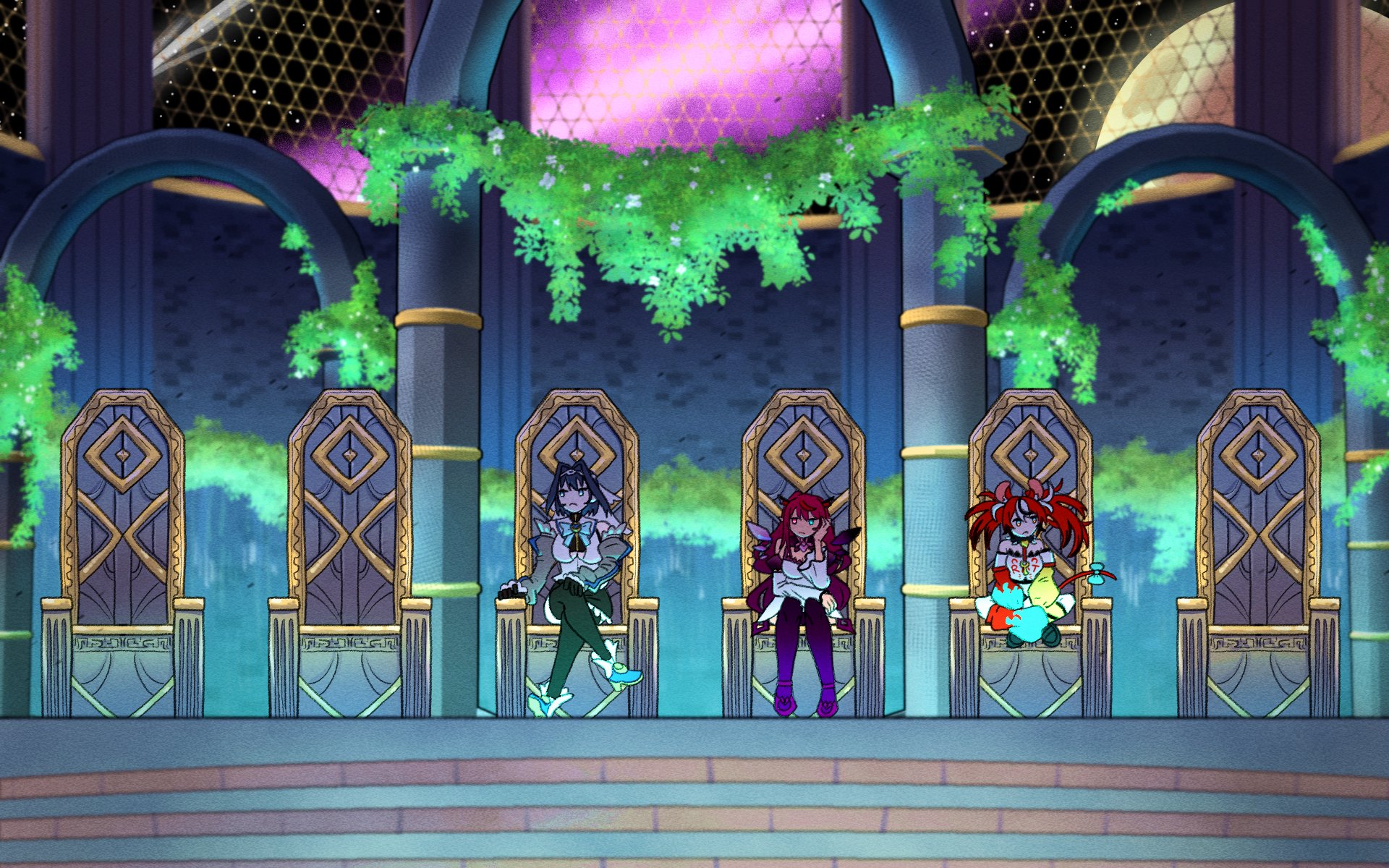 hakos baelz, irys (hololive), ouro kronii, holocouncil, hololive, hololive english, holopromise, highres, animal ears, black hair, blue eyes, bow, collar, crystal wings, detached sleeves, detached wings, hair intakes, heterochromia, horns, long hair, mouse ears, mouse girl, mouse tail, multicolored hair, red hair, short hair, sitting on throne, spiked collar, spikes, spriggantweet, streaked hair, tail, tail bow, tail ornament, thighhighs, twintails, virtual youtuber, white hair, wings