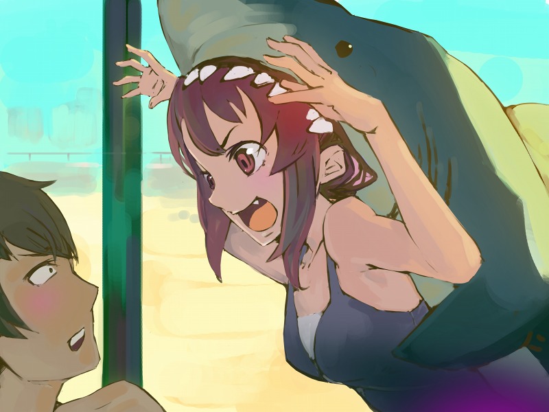 itachi (3dt), kushieda minori, takasu ryuuji, toradora!, 00s, 1boy, 1girl, fang, one-piece swimsuit, red hair, school swimsuit, shark, short hair, swimsuit, you gonna get raped