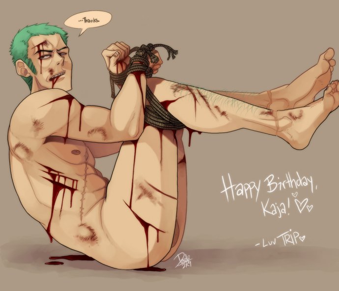 roronoa zoro, one piece, 1boy, bdsm, blood, bondage, bound, bruise, cuts, hairy legs, injury, male focus, nude, scar, solo