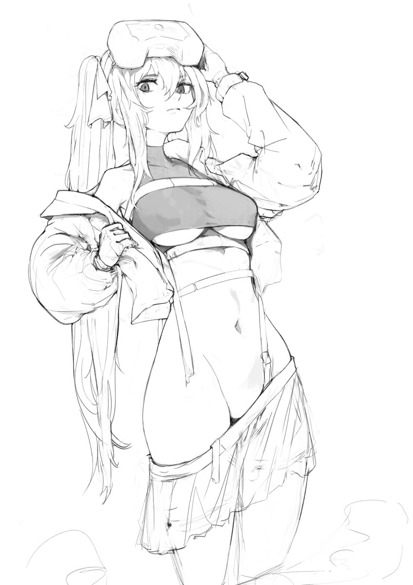 i bucket, lenna (girls' frontline 2), ump9 (girls' frontline), girls' frontline, girls' frontline 2: exilium, tagme, 1girl, breasts, expressionless, groin, headset, looking at viewer, monochrome, navel, skirt, torn clothes, underboob