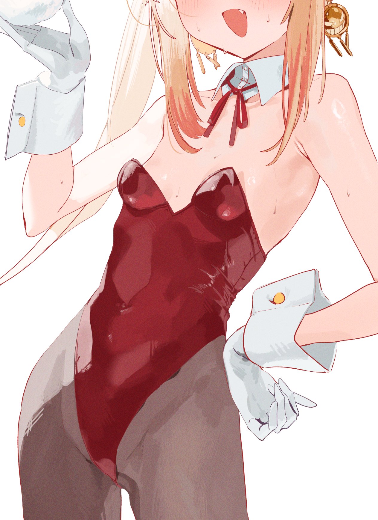dan nako, character request, tagme, 1girl, blonde hair, fang, gloves, playboy bunny, smile, sweat, sweatdrop