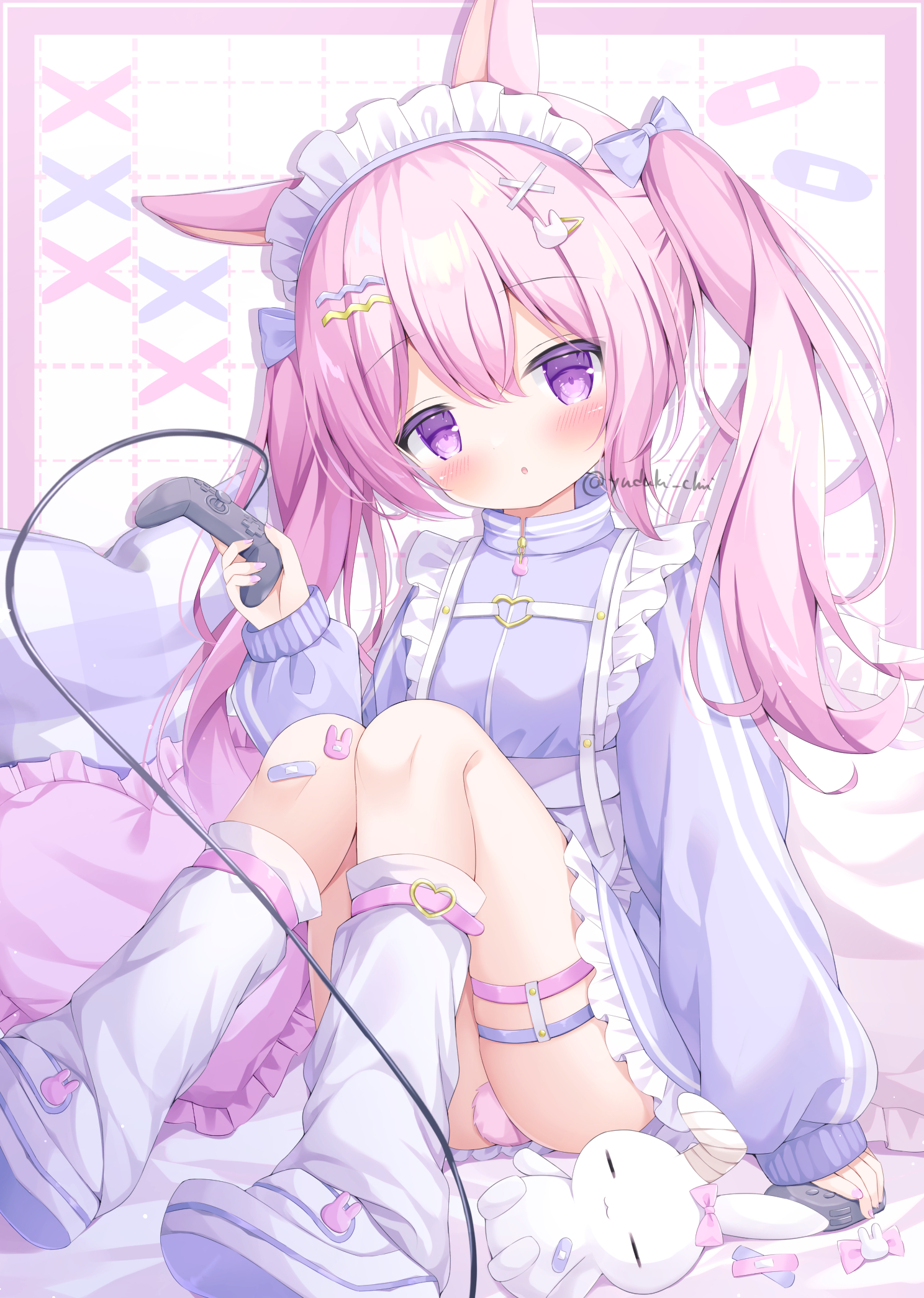 yuduki pdx, original, highres, 1girl, animal ears, apron, bandaid, bandaid on leg, blush, bow, controller, frilled pillow, frilled skirt, frills, game controller, hair bow, hair ornament, hairclip, heart, holding, jacket, knees up, long hair, loose socks, maid, maid headdress, panties, parted lips, pillow, pink hair, pink panties, purple eyes, purple jacket, rabbit ears, shoes, sitting, skirt, socks, solo, stuffed animal, stuffed rabbit, stuffed toy, thigh strap, track jacket, twintails, twitter username, underwear, white socks