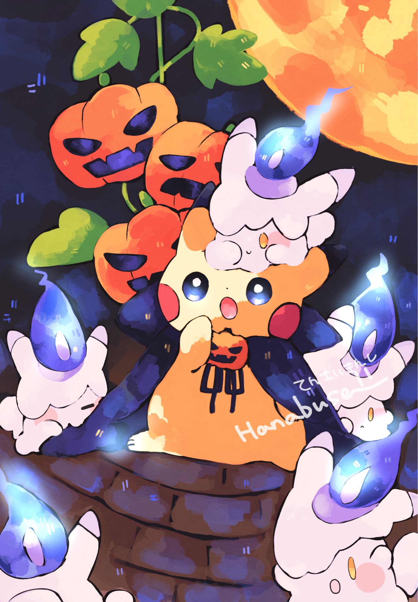 hanabusaoekaki, litwick, pikachu, nintendo, pokemon, commentary request, highres, blue eyes, cape, clothed pokemon, gen 1 pokemon, gen 5 pokemon, halloween, halloween costume, jack-o'-lantern, leaf, moon, night, no humans, open mouth, pokemon (creature), pokemon focus, smile, yellow eyes