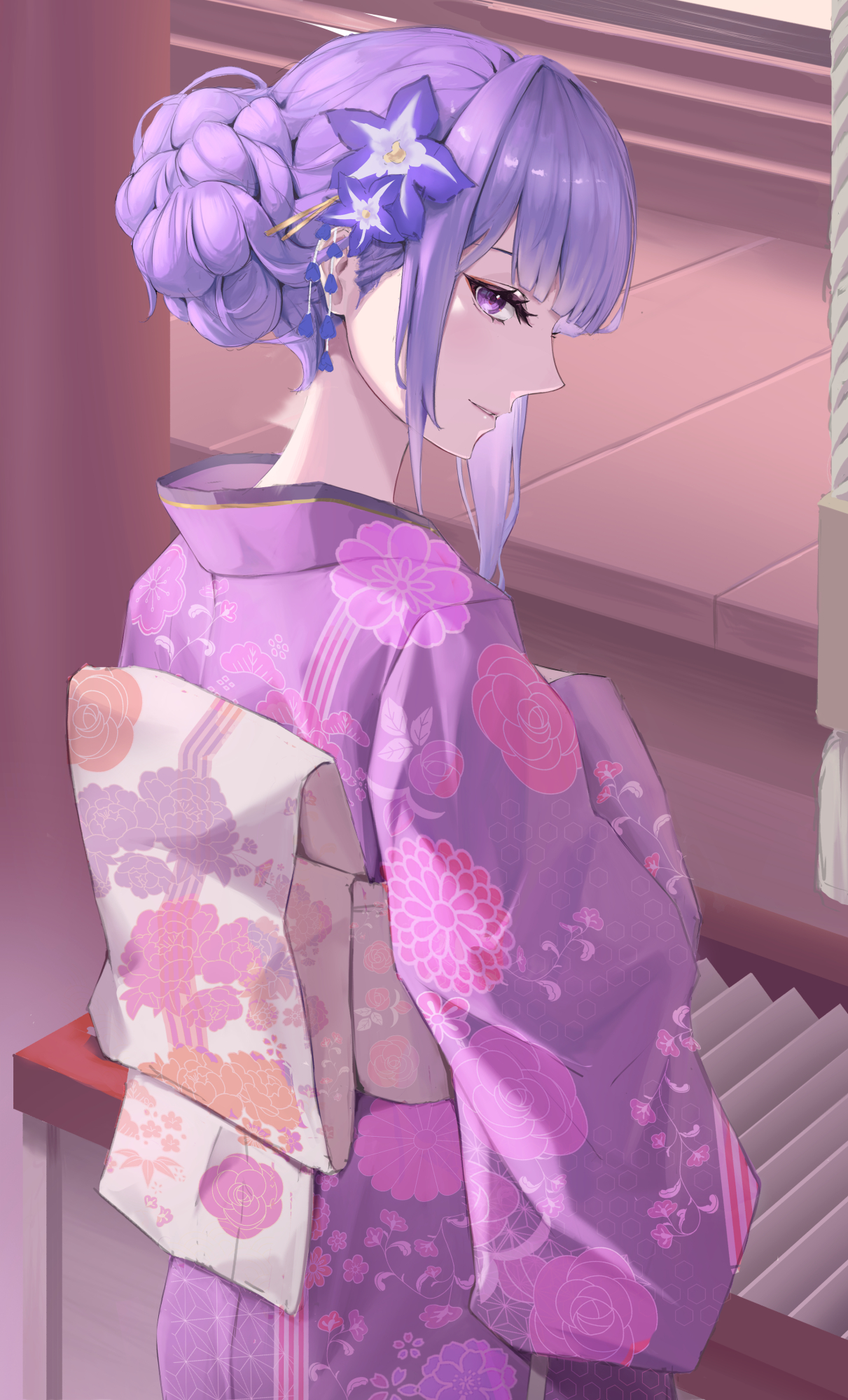 raiden shogun, genshin impact, artist request, bad id, bad pixiv id, highres, 1girl, alternate costume, back bow, blunt bangs, bow, floral print, floral print kimono, flower, flower ornament, from behind, from side, hair ornament, hair up, japanese clothes, kimono, long sleeves, looking at viewer, looking to the side, mole, mole under eye, outdoors, parted lips, pink lips, print kimono, puffy sleeves, purple eyes, purple flower, purple kimono, sash, shade, solo, standing, wide sleeves