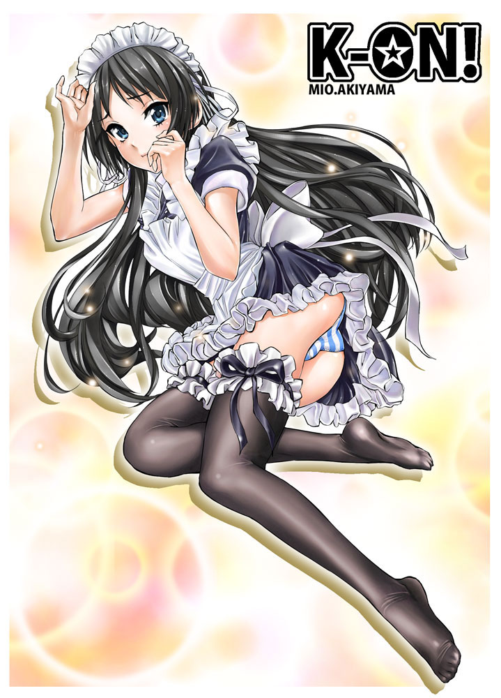 maruyama, akiyama mio, k-on!, 00s, 1girl, alternate costume, ass, black hair, black thighhighs, blue eyes, enmaided, feet, female focus, frilled thighhighs, frills, legs, long hair, lying, maid, maid headdress, on side, panties, pantyshot, solo, striped clothes, striped panties, thighhighs, underwear