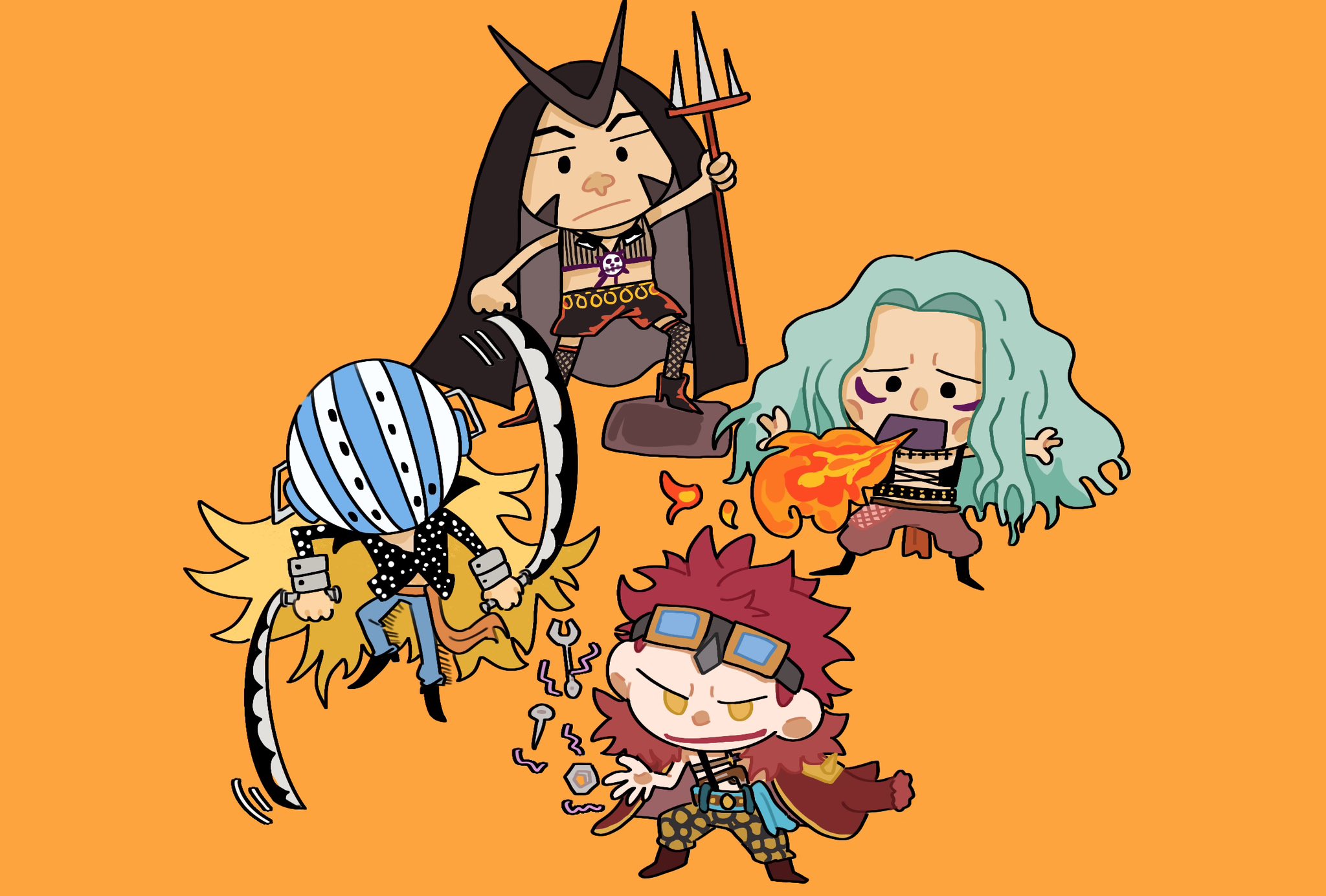 gangan233, eustass kid, heat (one piece), wire (one piece), one piece, highres, 4boys, blue hair, blue sash, chibi, denim, fire, hockey mask, holding, holding weapon, jeans, long hair, male focus, mask, multiple boys, orange sash, pants, red hair, sash, smile, spiked hair, weapon