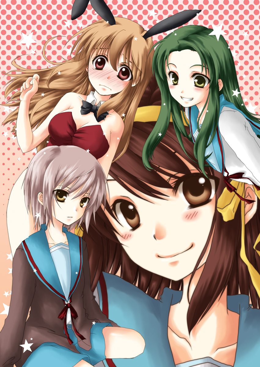 yuuna katsumi, asahina mikuru, nagato yuki, suzumiya haruhi, tsuruya, suzumiya haruhi no yuuutsu, silver hair, bad id, highres, 00s, 4girls, animal ears, bare legs, blush, brown hair, fake animal ears, green hair, hairband, long hair, multiple girls, orange hair, playboy bunny, rabbit ears, school uniform, serafuku, short hair, smile, star (symbol)
