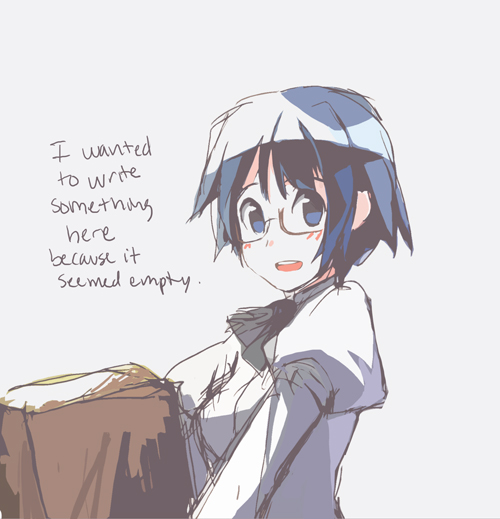 weee (raemz), hakamichi shizune, katawa shoujo, non-web source, 10s, 1girl, blue eyes, blue hair, blush, box, carrying, english text, female focus, glasses, matching hair/eyes, puffy sleeves, short hair, simple background, sketch, solo, white background