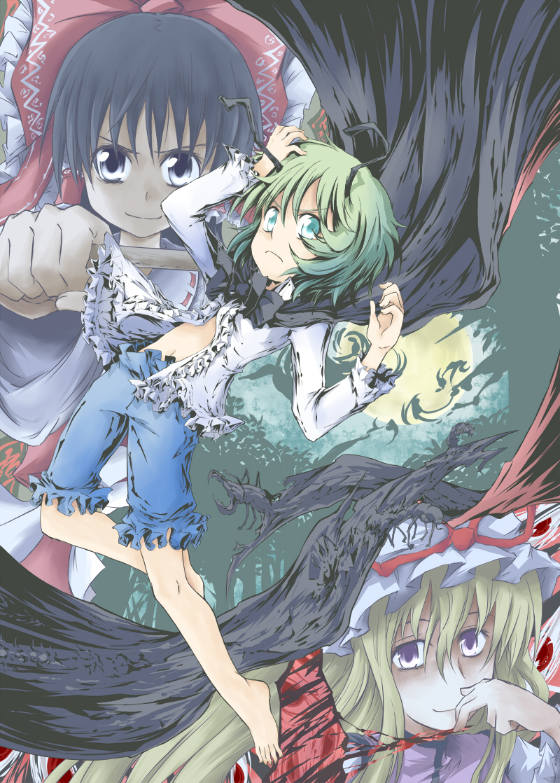 suichuu hanabi, hakurei reimu, wriggle nightbug, yakumo ran, yakumo yukari, touhou, bad id, bad pixiv id, 3girls, antennae, barefoot, black hair, blonde hair, blue eyes, cape, feet, female focus, fusuma, green eyes, green hair, hat, long hair, multiple girls, short hair, sliding doors