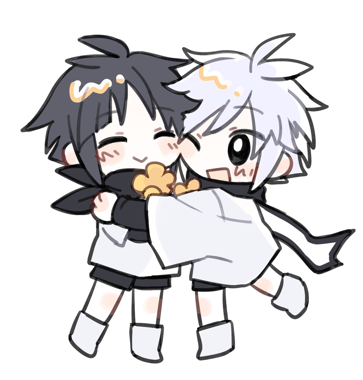 chara (undertale), frisk (undertale), undertale, utdr (toby fox), xtale, chinese commentary, commentary request, highres, 2boys, :>, ;d, ^ ^, affectionate, alternate universe, ankle boots, antenna hair, bandana, bandana around neck, black bandana, black eyes, black hair, black shirt, black shorts, boots, brothers, cheek-to-cheek, chibi, chibi only, closed eyes, closed mouth, fewer digits, flipped hair, flower, full body, hair between eyes, heads together, holding, holding flower, hug, layered sleeves, long sleeves, looking at another, male focus, multiple boys, one eye closed, open mouth, pale skin, r (7836907484), shirt, short hair, short over long sleeves, short shorts, short sleeves, shorts, siblings, simple background, smile, standing, standing on one leg, white background, white boots, white hair, white shirt, yellow flower