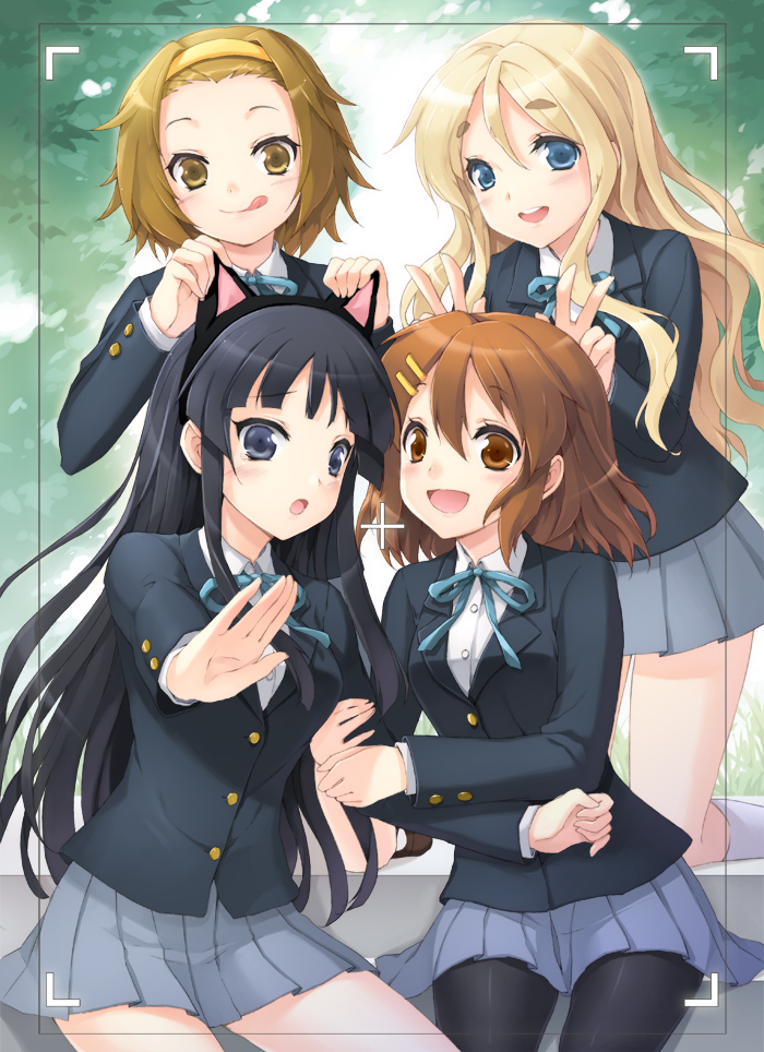 cuteg, akiyama mio, hirasawa yui, kotobuki tsumugi, tainaka ritsu, k-on!, arm grab, bad id, bad pixiv id, 00s, 4girls, animal ears, black eyes, black hair, blazer, blonde hair, blue eyes, blush, bow, bowtie, brown eyes, brown hair, cat ears, cat girl, female focus, hair ornament, hairband, hairclip, happy, ho-kago tea time, jacket, kneeling, licking lips, long hair, looking at viewer, multiple girls, open mouth, pantyhose, school uniform, short hair, shy, sitting, skirt, smile, tongue, tongue out, v, viewfinder, yuri