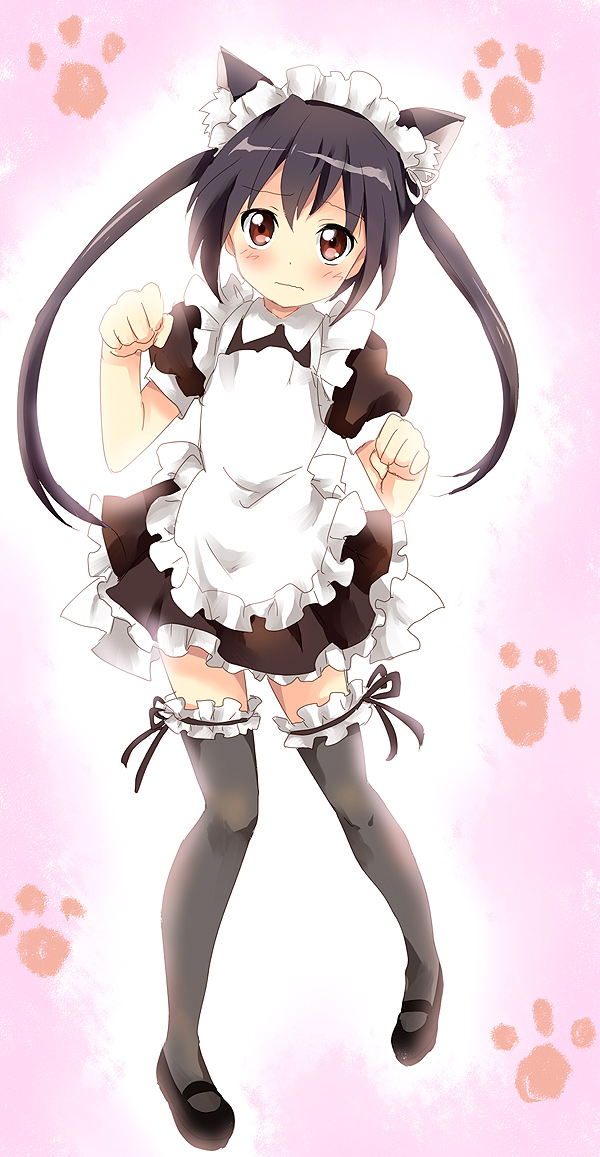 maruki (punchiki), nakano azusa, k-on!, bad id, bad pixiv id, 00s, 1girl, alternate costume, animal ears, black hair, brown eyes, cat ears, clenched hand, clenched hands, enmaided, female focus, frilled thighhighs, frills, long hair, maid, maid headdress, paw pose, solo, thighhighs, twintails