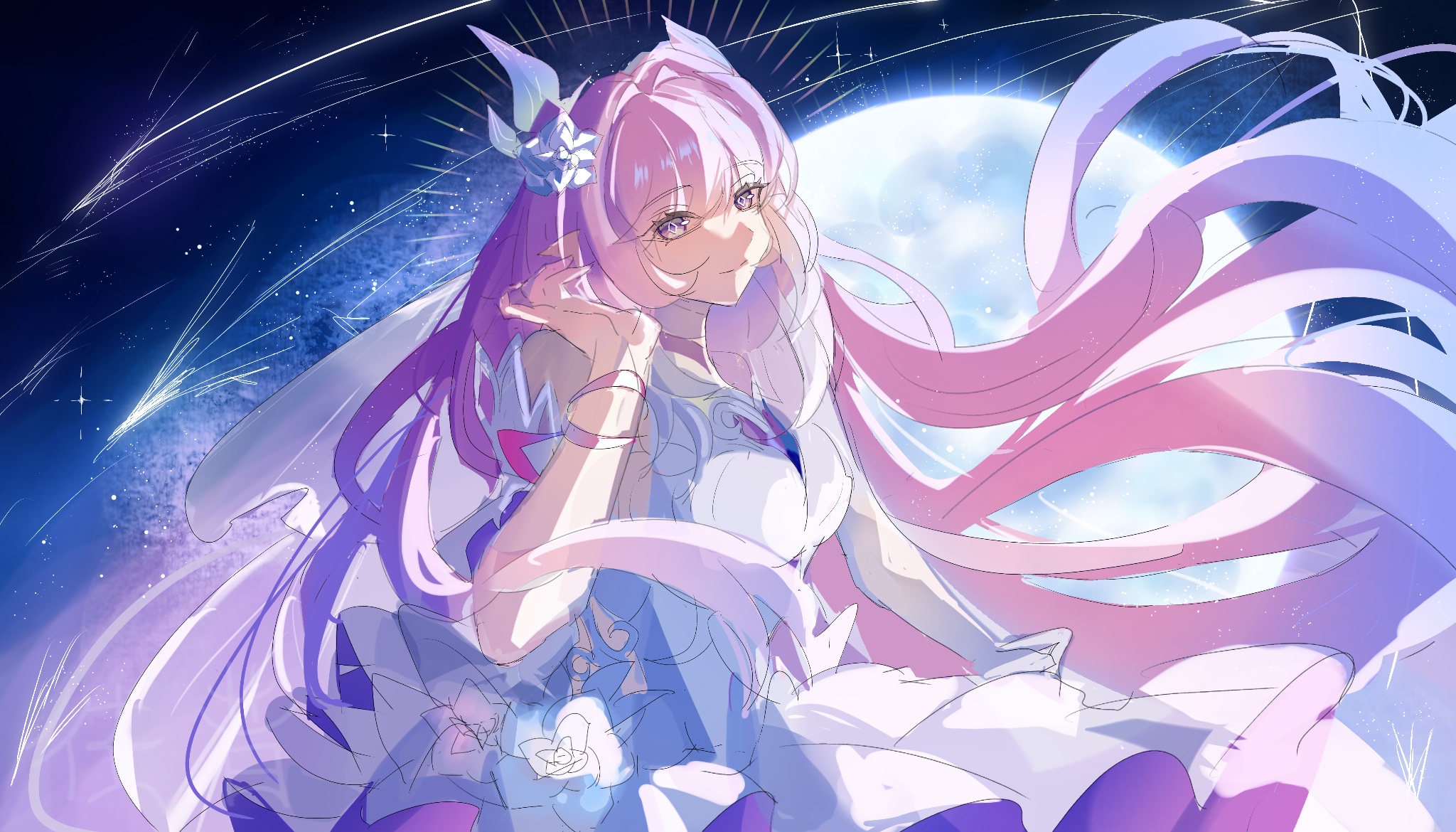 cyrene (honkai: star rail), cyrene (ripples of past reverie) (honkai: star rail), honkai: star rail, honkai (series), highres, 1girl, bare shoulders, breasts, dress, fiasco 2, large breasts, long hair, looking at viewer, purple eyes, solo, white dress