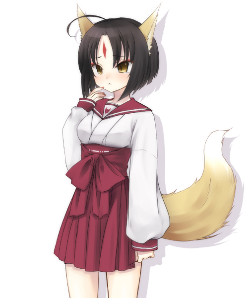 binega~a, vinegar, bad id, bad pixiv id, 1girl, :<, adapted uniform, ahoge, animal ears, facial mark, female focus, fox ears, fox tail, japanese clothes, miko, school uniform, simple background, solo, tail, tsurime