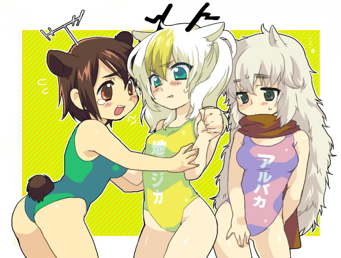musou (pixiv), alpaca-san, analoguma, chidejika, japan commercial broadcasters association, original, eyebrows, bad id, bad pixiv id, 3girls, alpaca ears, animal ears, antlers, brown eyes, brown hair, deer antlers, green eyes, horns, loli, multiple girls, one-piece swimsuit, scarf, swimsuit, tail, tears