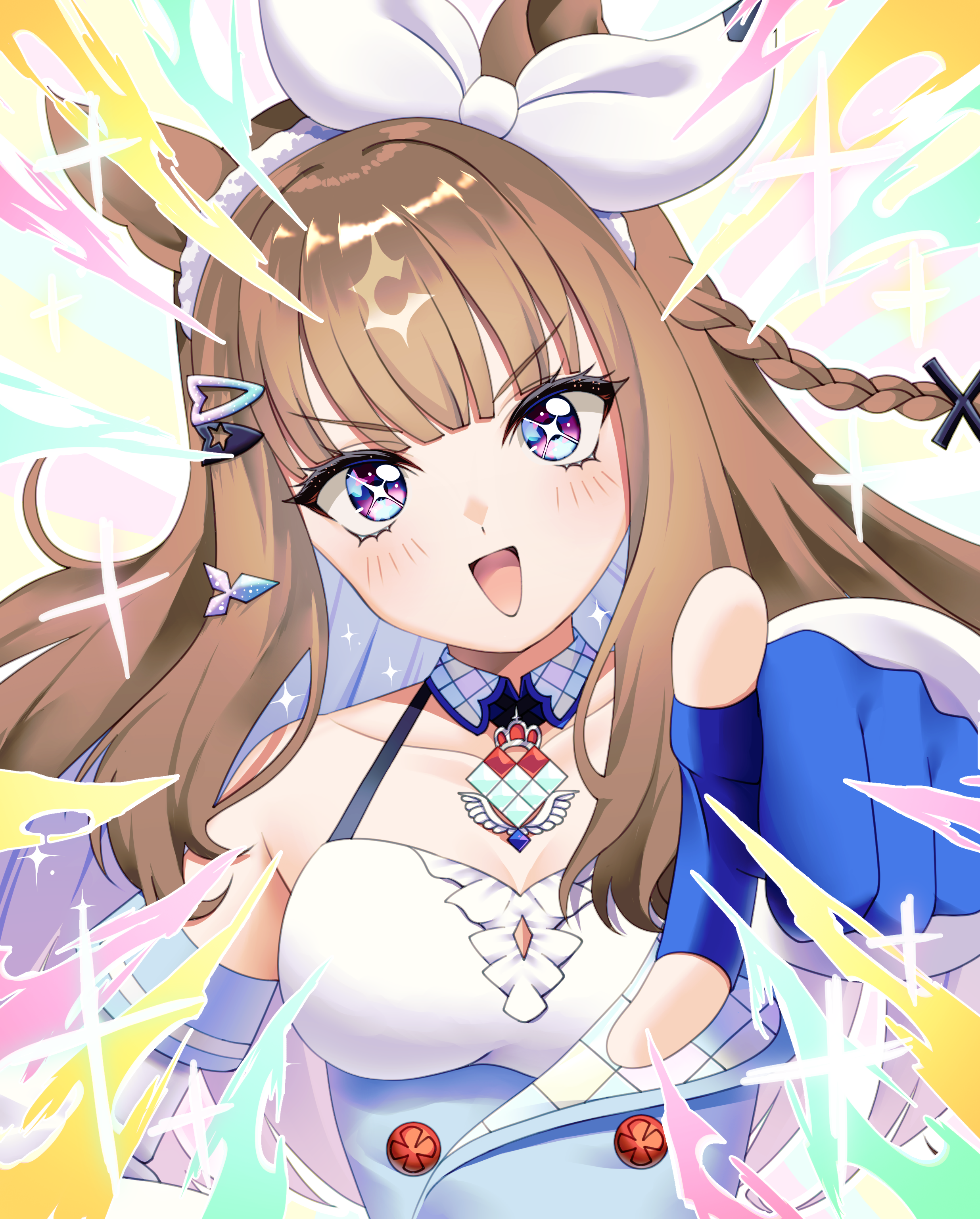 tawashi hechima, almond eye (umamusume), umamusume, absurdres, commentary request, highres, 1girl, :d, animal ears, bare shoulders, blue eyes, blue gloves, breasts, brown hair, colorful background, fingerless gloves, gloves, hair ornament, hairclip, horse ears, horse girl, long hair, open mouth, pointing, pointing at viewer, simple background, smile, solo, star (symbol), star in eye, symbol in eye, upper body