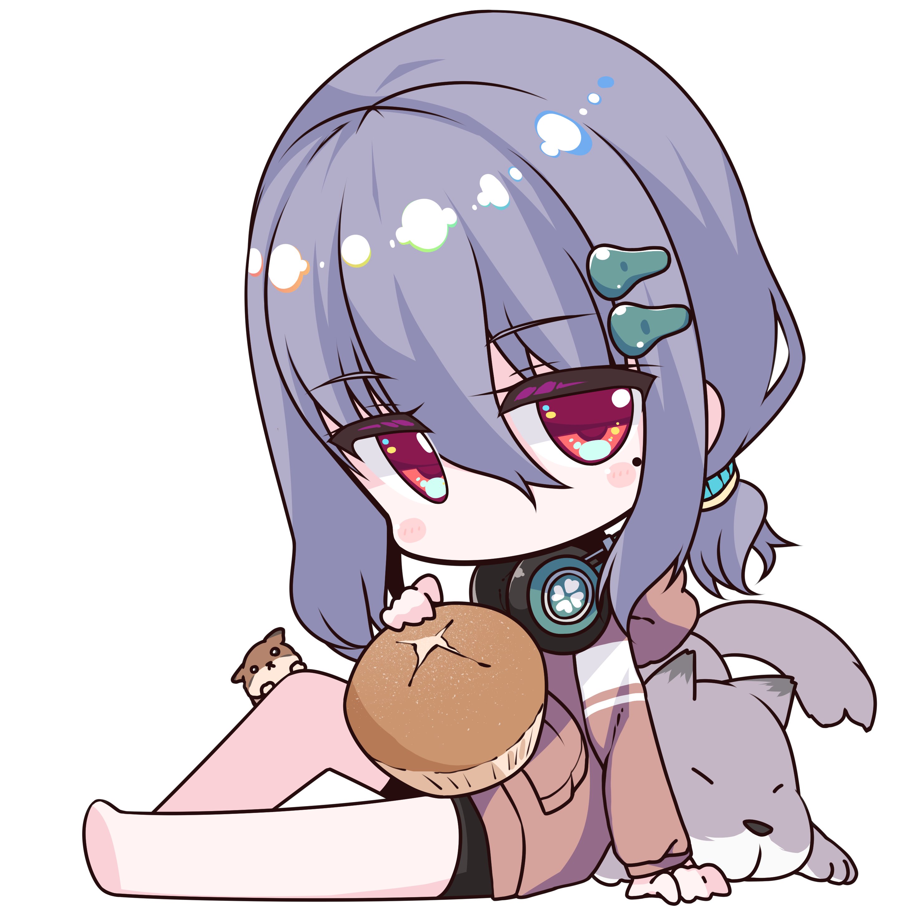 shirasu youichi, original, absurdres, commentary request, highres, 1girl, animal, arm support, barefoot, bike shorts, black shorts, blush stickers, brown hoodie, dog, food, full body, grey hair, hair between eyes, hair ornament, hairclip, headphones, headphones around neck, hood, hood down, hoodie, knee up, low ponytail, ponytail, red eyes, shorts, simple background, sitting, solo, white background