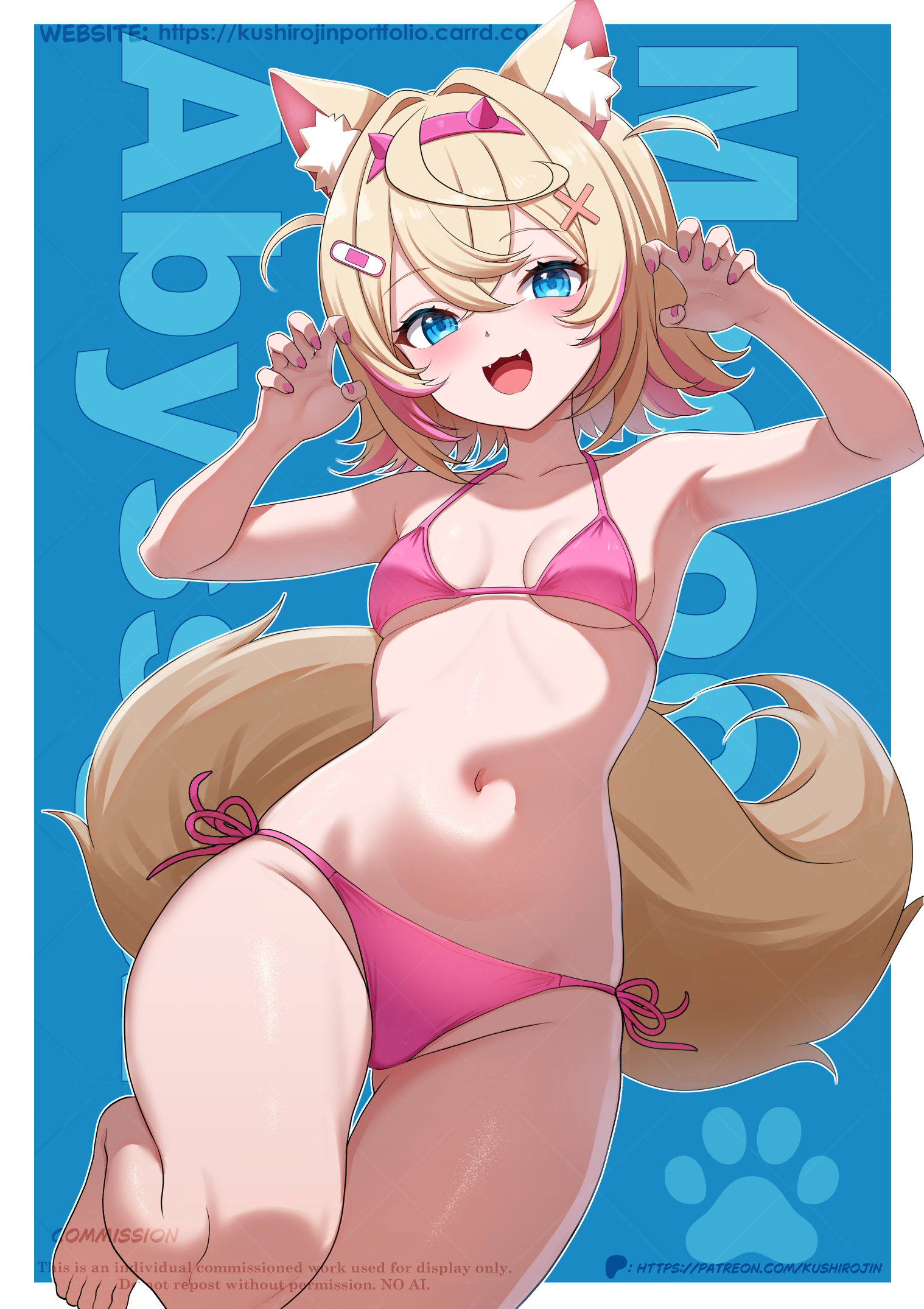 kushiro jin, mococo abyssgard, hololive, hololive english, commentary, commission, highres, 1girl, :3, alternate costume, animal ear fluff, animal ears, armpits, bandaid, bandaid hair ornament, bikini, blonde hair, blue background, blue eyes, blush, border, breasts, cowboy shot, crossed bangs, dog ears, dog girl, dog tail, fake horns, fangs, fingernails, groin, hair ornament, hairband, horn hairband, horns, leg up, looking at viewer, multicolored hair, navel, open mouth, outside border, patreon username, paw pose, pink bikini, pink hair, pink nails, short hair, side-tie bikini bottom, small breasts, smile, solo, stomach, streaked hair, swimsuit, tail, two side up, virtual youtuber, watermark, white border, x hair ornament