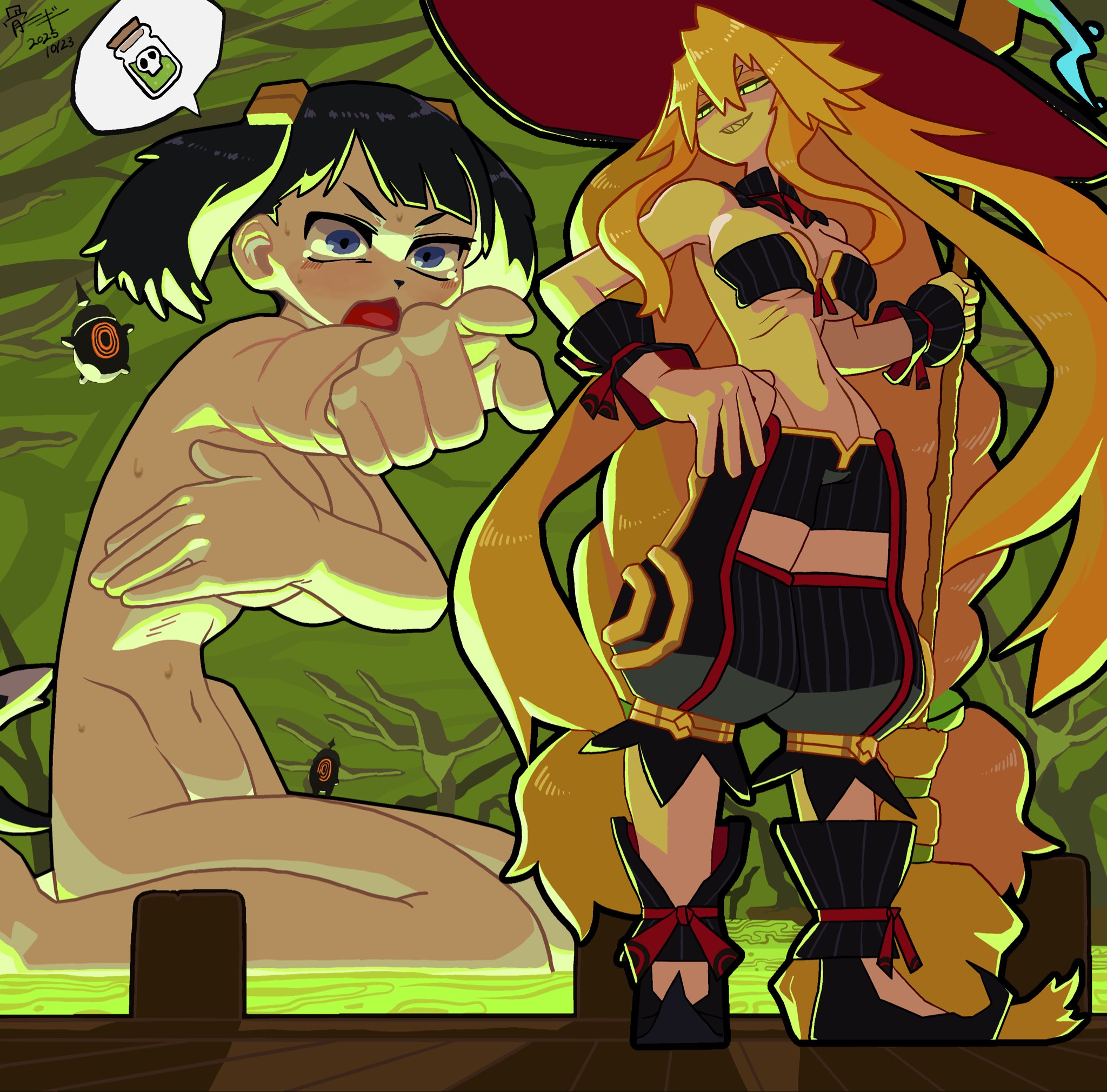 bone nigi, hyakkihei, metallica (majo to hyakkihei), disgaea, majo to hyakkihei, makai senki disgaea 2, character request, highres, tagme, 2girls, blonde hair, covering breasts, covering privates, groin, hat, multiple girls, navel, nude, sharp teeth, short shorts, shorts, smile, teeth, witch hat