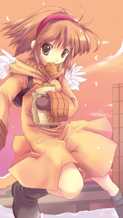 ms06s, tsukimiya ayu, kanon, backpack, bag, boots, brown eyes, brown hair, food, mittens, mouth hold, randoseru, short hair, solo, taiyaki, wagashi, wings