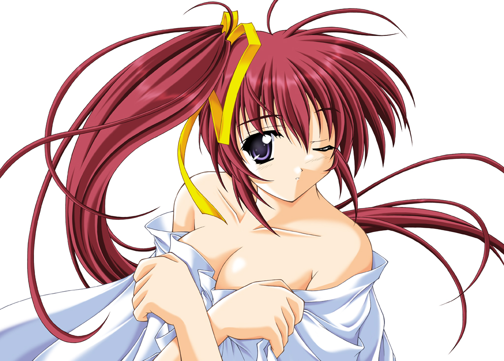 takase mizuki, comic party, non-web source, 00s, 1girl, bare shoulders, bow, breasts, cleavage, female focus, large breasts, long hair, one eye closed, ponytail, purple eyes, red hair, solo, wink, yellow bow