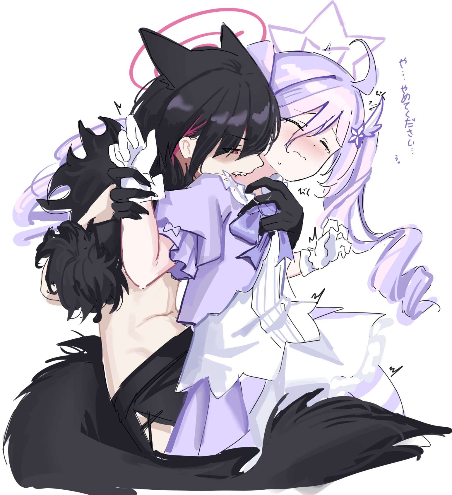 sych1590, kazusa (blue archive), kazusa (halloween) (blue archive), reisa (blue archive), reisa (magical) (blue archive), highres, tagme, 2girls, biting, multiple girls, navel, tail, yuri