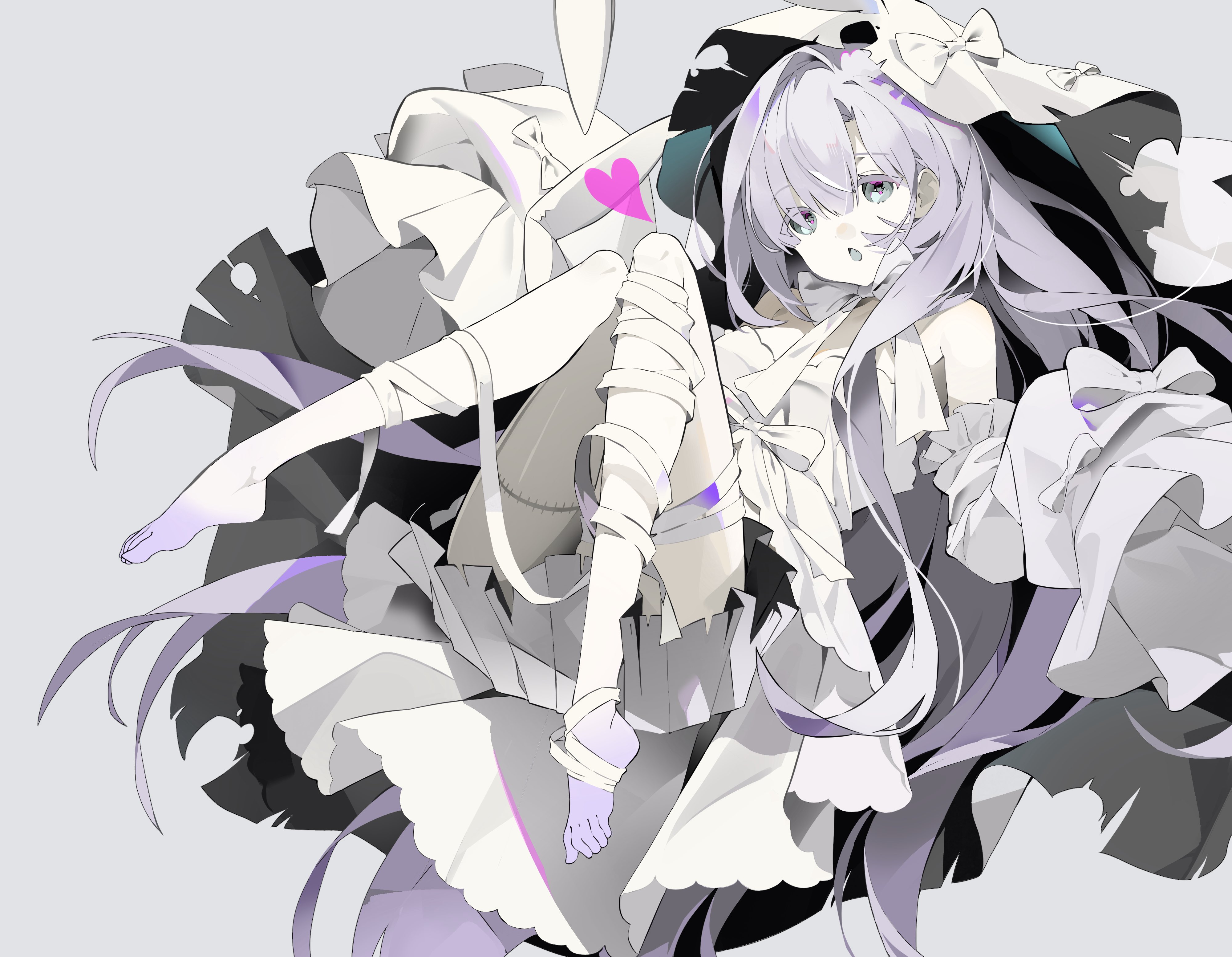 hwii (hwii myu), original, absurdres, highres, 1girl, bandaged leg, bandages, colored skin, dress, full body, halloween costume, long hair, multicolored skin, mummy costume, purple hair, purple skin, solo, white dress