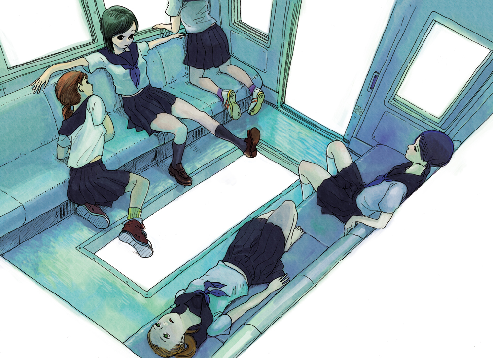 andou ikori, icori, original, 5girls, barefoot, multiple girls, school uniform, serafuku, sitting, train, train interior