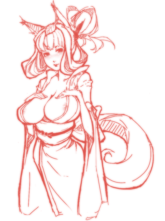 eu03, kongiku, oboro muramasa, 1girl, animal ears, blush, breast suppress, breasts, cleavage, female focus, fox ears, fox tail, hair up, japanese clothes, kimono, large breasts, leaf, leaf on head, monochrome, nipple slip, nipples, object on head, simple background, solo, tail, white background