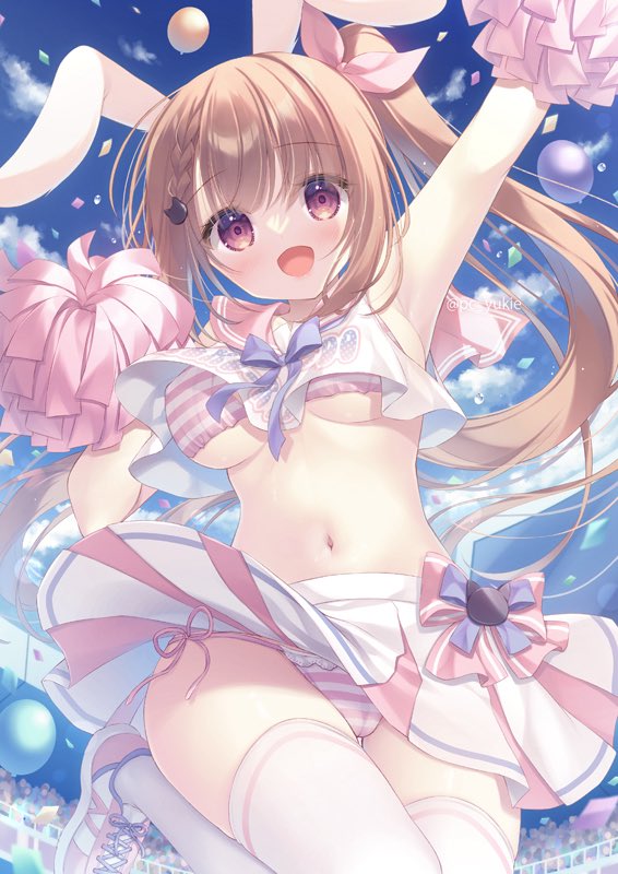 yukie (peach candy), original, commentary request, 1girl, :d, animal ears, arm up, armpits, balloon, bare shoulders, blue sky, bra, braid, breasts, brown eyes, brown hair, cat hair ornament, cheerleader, cloud, confetti, crop top, day, hair between eyes, hair ornament, hair ribbon, long hair, looking at viewer, medium breasts, open mouth, outdoors, panties, people, pink ribbon, pink shoes, pleated skirt, pom pom (cheerleading), rabbit ears, ribbon, shirt, shoes, side-tie panties, side ponytail, sideboob, skirt, sky, sleeveless, sleeveless shirt, smile, solo focus, stadium, striped bra, striped clothes, striped panties, thigh gap, thighhighs, underwear, very long hair, white shirt, white skirt, white thighhighs