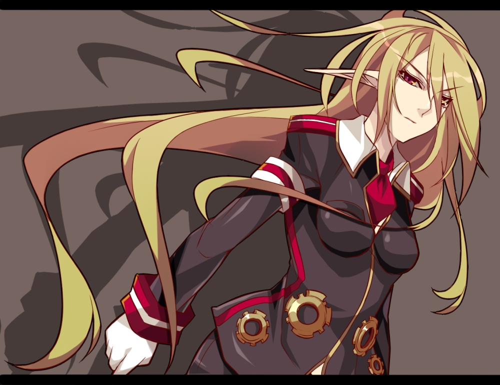 momiagenberugu, salvatore, salvatore (disgaea), disgaea, makai senki disgaea 3, uniform, bad id, bad pixiv id, 1girl, blonde hair, female focus, gloves, long hair, pointy ears, red eyes, solo, very long hair