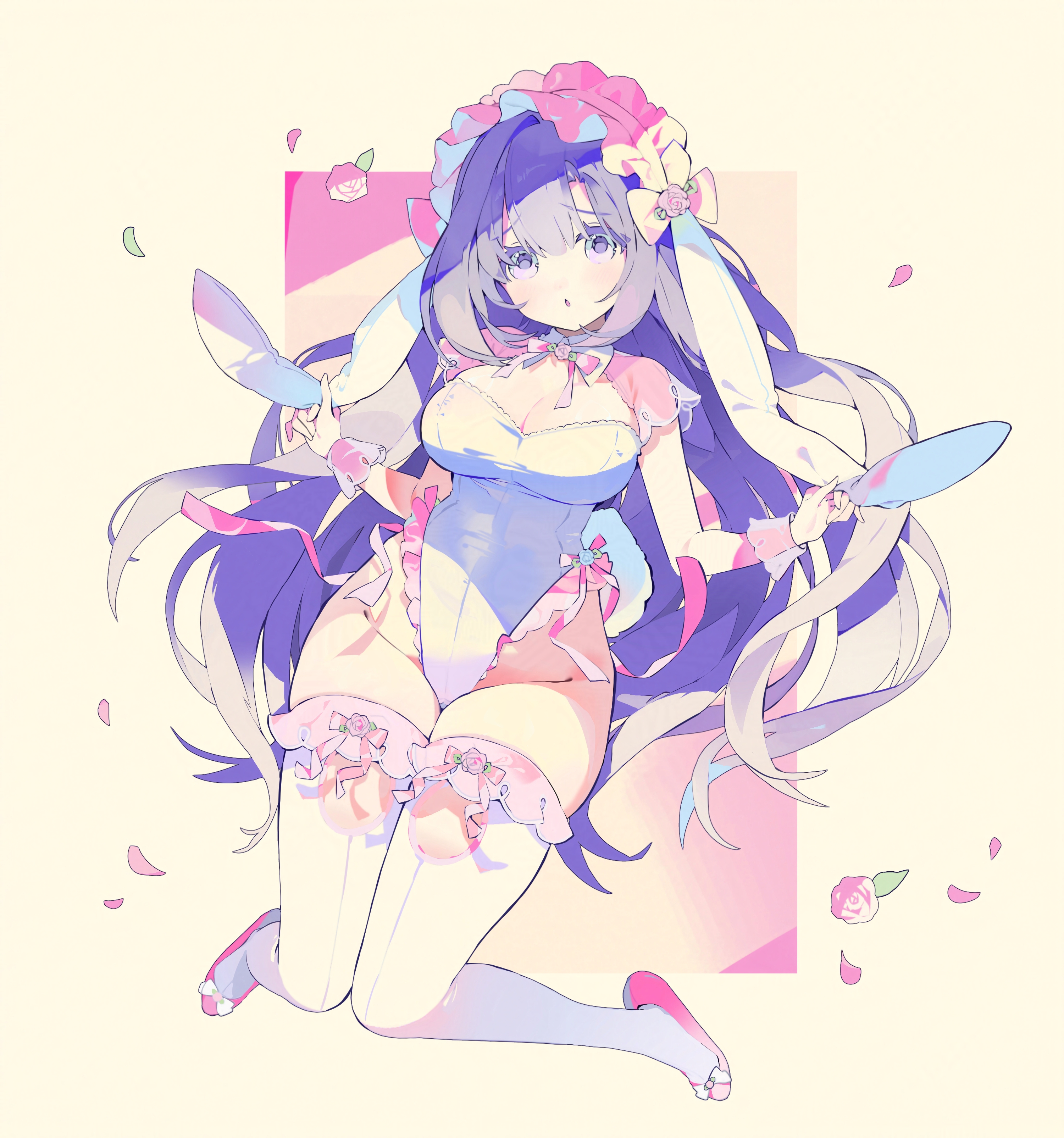 hwii (hwii myu), original, absurdres, highres, 1girl, animal ears, bow, bowtie, bunny day, detached collar, fake animal ears, full body, leotard, rabbit ears, rabbit pose, simple background, solo, strapless, strapless leotard, wrist cuffs