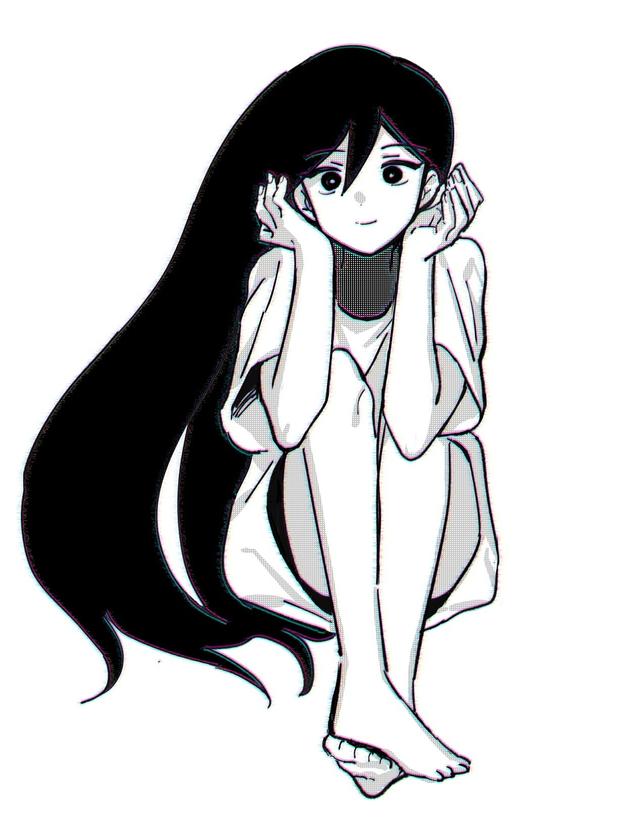 bu3hgg, mari (omori), mari (spirit) (omori), omori, highres, 1girl, barefoot, bright pupils, closed mouth, double-parted bangs, dress, full body, greyscale, hair between eyes, long hair, looking at viewer, monochrome, short sleeves, simple background, smile, solo