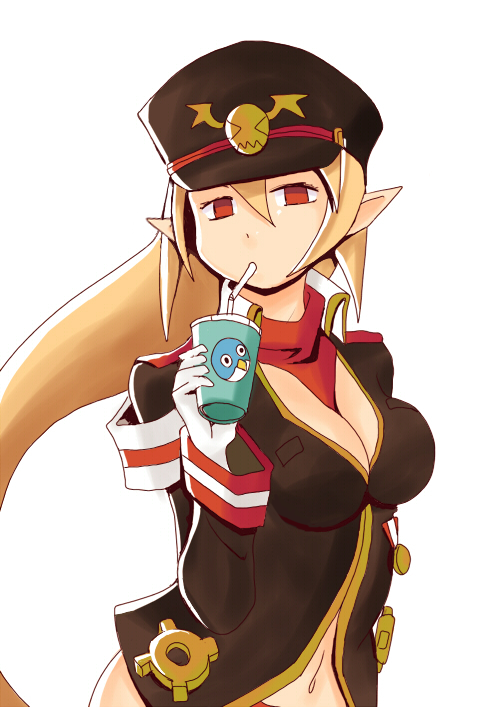 katosei, salvatore, salvatore (disgaea), disgaea, makai senki disgaea 3, bad id, bad pixiv id, 1girl, black hat, blonde hair, breasts, cleavage, drink, female focus, gloves, hat, large breasts, long hair, pointy ears, red eyes, solo, very long hair