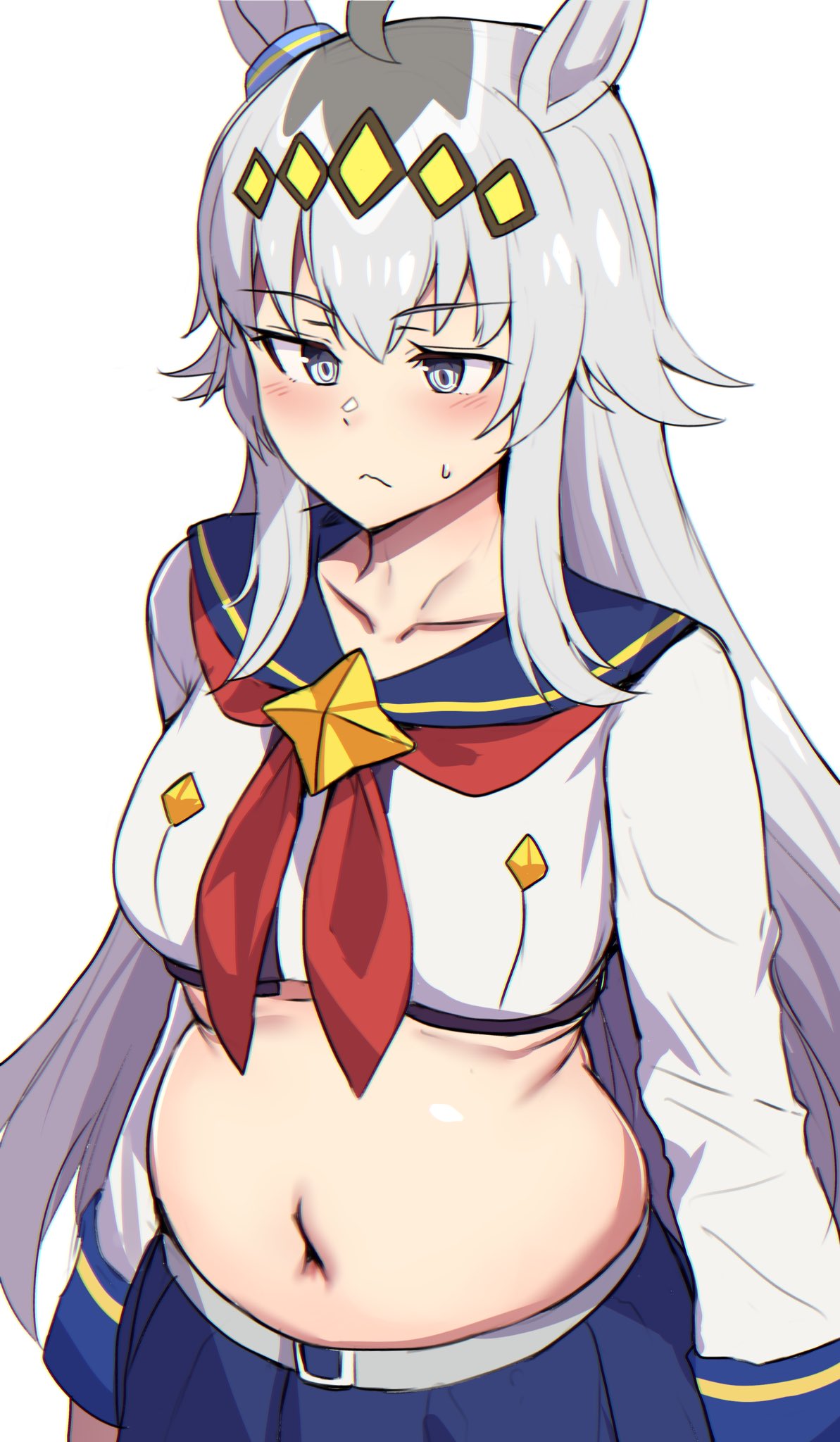 hinghoi, oguri cap (starlight beat) (umamusume), oguri cap (umamusume), umamusume, highres, 1girl, ahoge, animal ears, big belly, blue eyes, blue sailor collar, blue skirt, blush, breasts, brooch, closed mouth, collarbone, cropped shirt, ear ornament, fat, glutton, grey hair, hair between eyes, hair ornament, hairband, horse ears, horse girl, jewelry, long hair, long sleeves, multicolored hair, neckerchief, red neckerchief, sailor collar, shirt, skirt, solo, star brooch, stomach, sweatdrop, white shirt