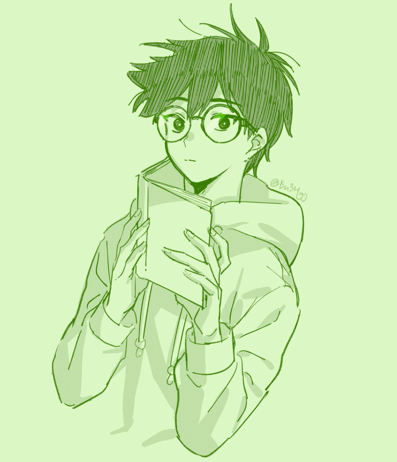 bu3hgg, hero (faraway) (omori), hero (omori), omori, highres, 1boy, alternate costume, antenna hair, artist name, bespectacled, book, closed mouth, double-parted bangs, glasses, green theme, hair between eyes, holding, holding book, hood, hood down, hoodie, long sleeves, male focus, monochrome, round eyewear, short hair, solo, twitter username, upper body
