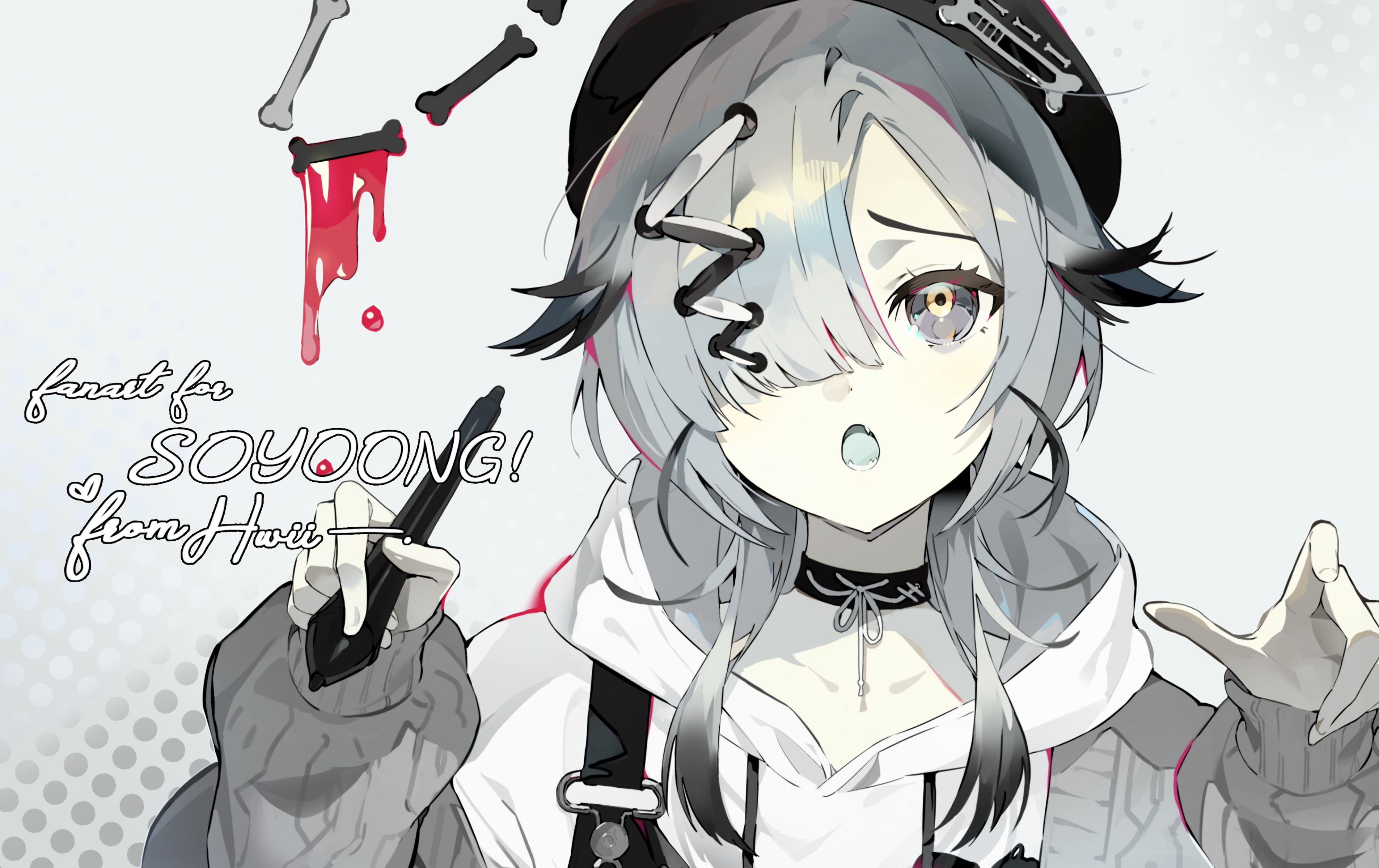 hwii (hwii myu), original, absurdres, highres, 1girl, black choker, black eyes, black hair, bone, choker, multicolored hair, open mouth, pen, solo, white background, white hair