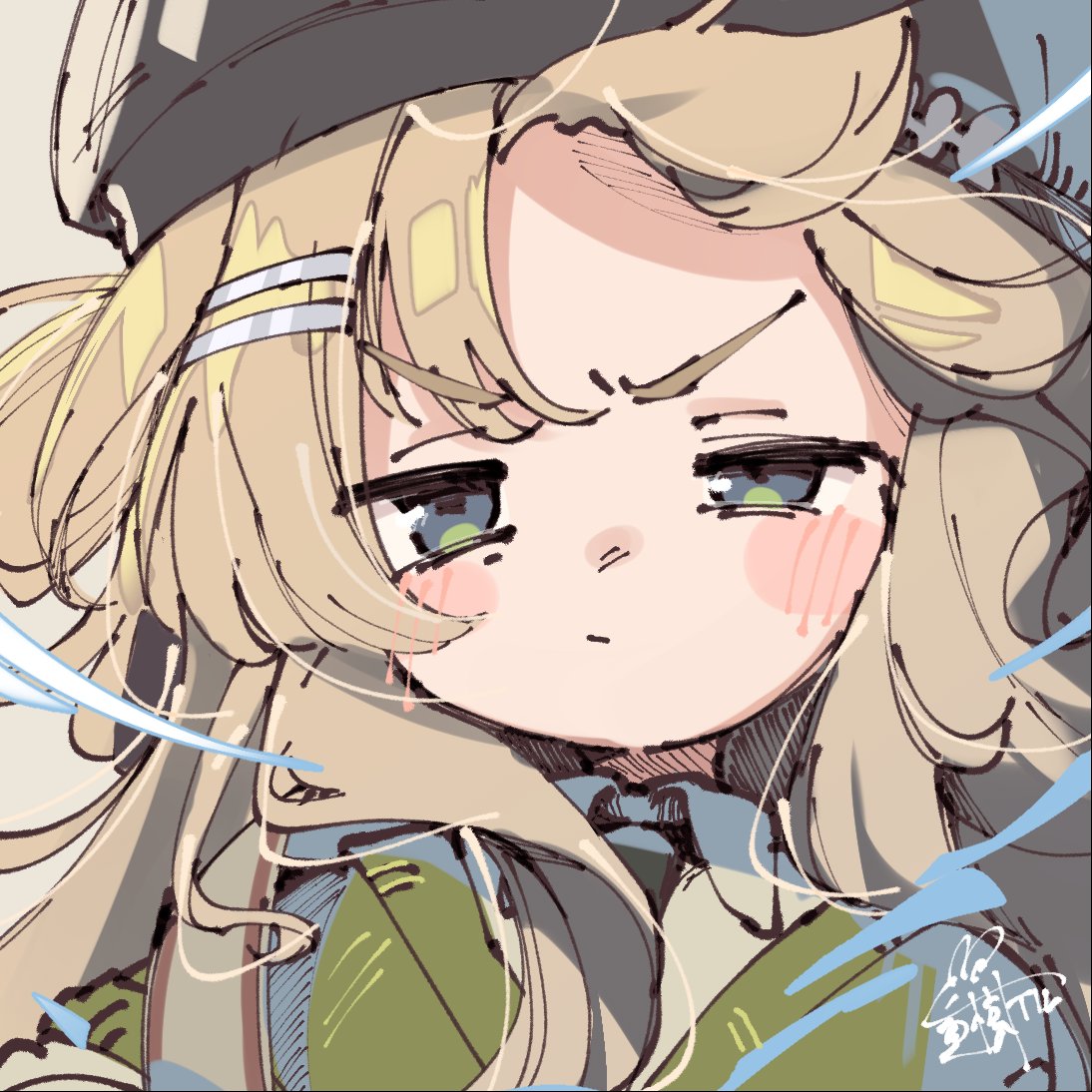 natsuki teru, original, commentary request, 1girl, beret, black hat, black necktie, blue eyes, blush stickers, brown background, brown hair, closed mouth, collared shirt, green jacket, hair ornament, hairclip, hat, jacket, looking at viewer, necktie, shirt, signature, simple background, sketch, solo, thick eyebrows, upper body, v-shaped eyebrows, white shirt