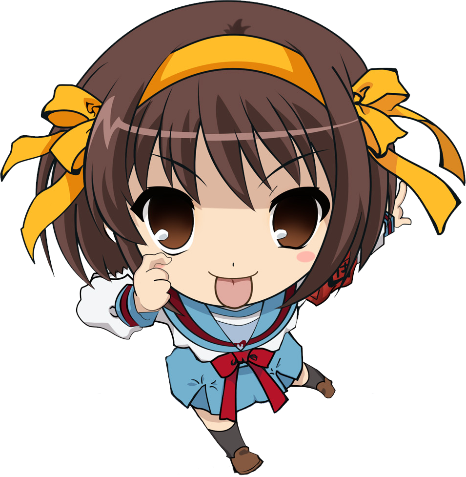 suzumiya haruhi, suzumiya haruhi no yuuutsu, jpeg artifacts, lossy-lossless, 00s, 1girl, :p, brown eyes, brown hair, chibi, female focus, hairband, school uniform, solo, tongue, tongue out, transparent background