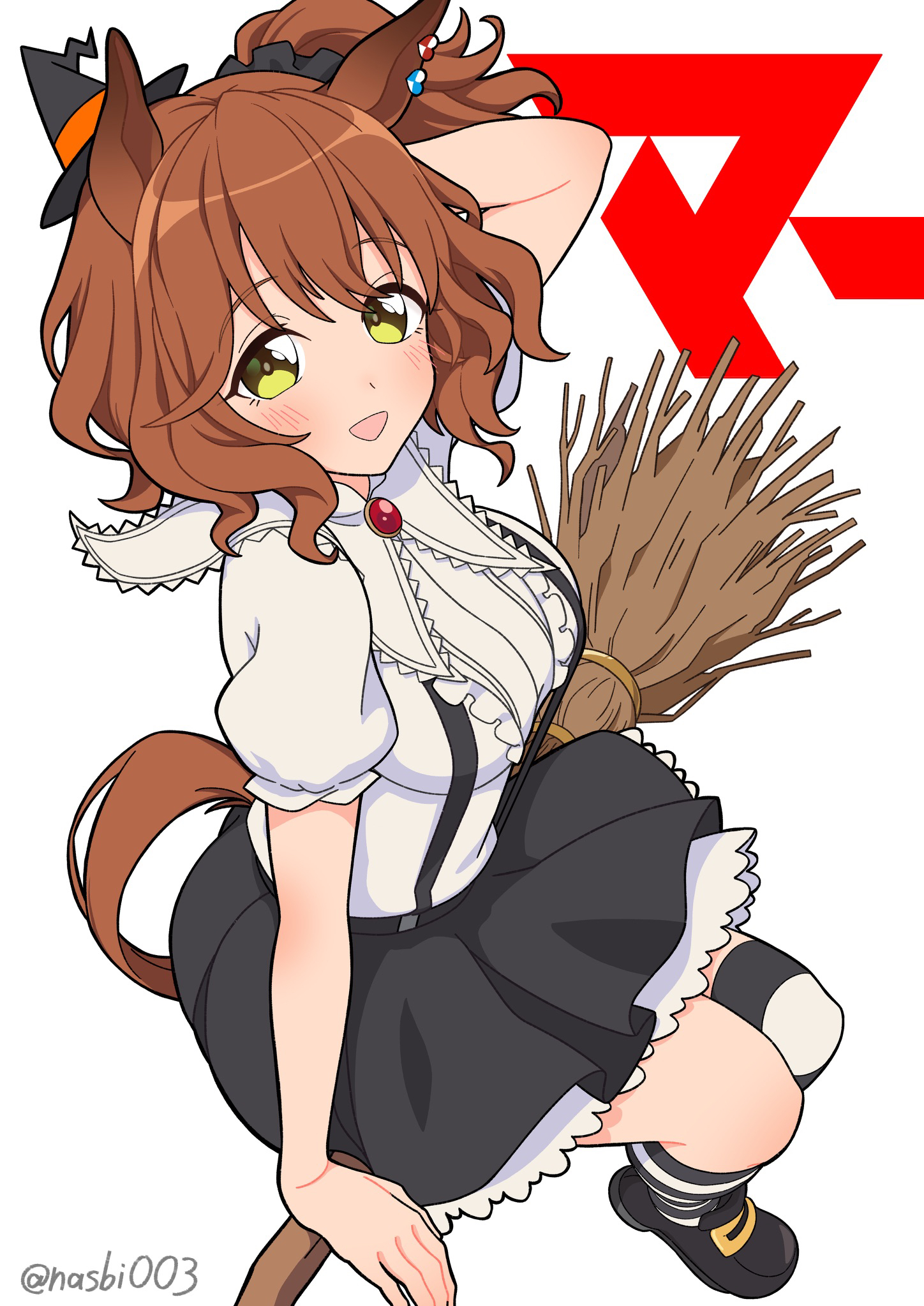 genzo nasu, aston machan (umamusume), umamusume, highres, 1girl, animal ears, arm up, asymmetrical legwear, black skirt, blush, breasts, broom, broom riding, brown hair, green eyes, hair between eyes, hair ornament, hair scrunchie, halloween, halloween costume, hat, horse ears, horse girl, horse tail, looking at viewer, medium breasts, medium hair, open mouth, ponytail, scrunchie, shirt, shoes, short sleeves, skirt, smile, socks, solo, striped clothes, striped socks, tail, tilted headwear, uneven legwear, white shirt, witch hat