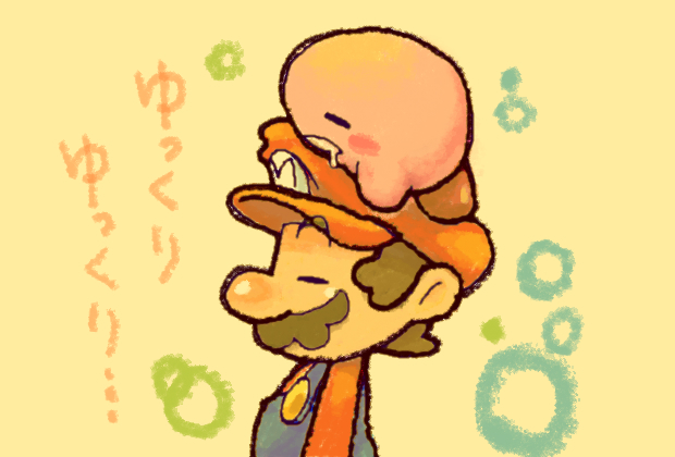 naco24, kirby, mario, kirby (series), mario (series), nintendo, super smash bros., bad id, bad pixiv id, 1boy, blouse, blue overalls, brown hair, covered mouth, crossover, facial hair, from side, hat, male focus, mustache, overalls, raised eyebrows, red hat, red shirt, shirt, sleeping, solo, yellow background